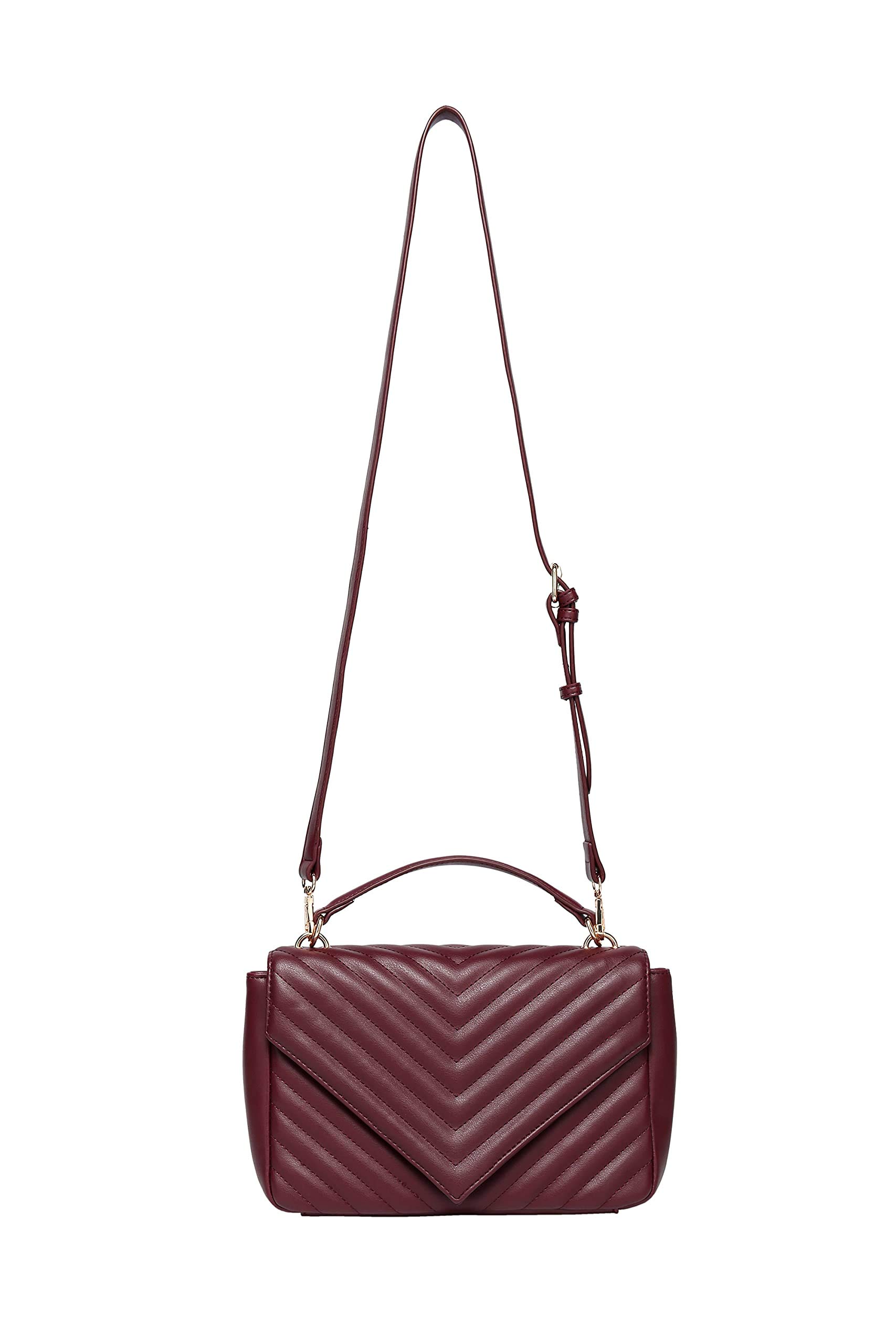 Daisy Rose Quilted Chevron Shoulder Cross Body Bag with Top Handle, PU Vegan Leather - Burgandy