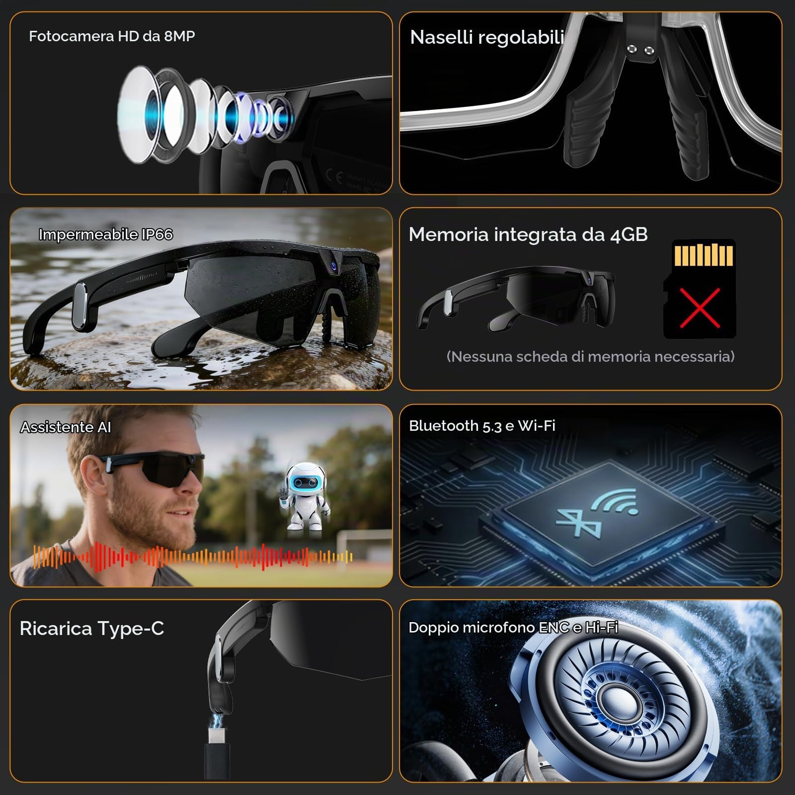 GenXenon Occhiali Smart Con Camera, Registrazione Video 4K, Fotografia, Riconoscimento oggetti AI, Occhiali Da Sole Con Fotocamera Per Sport All’Aperto Come Ciclismo, Sci E Escursionismo (Nero)