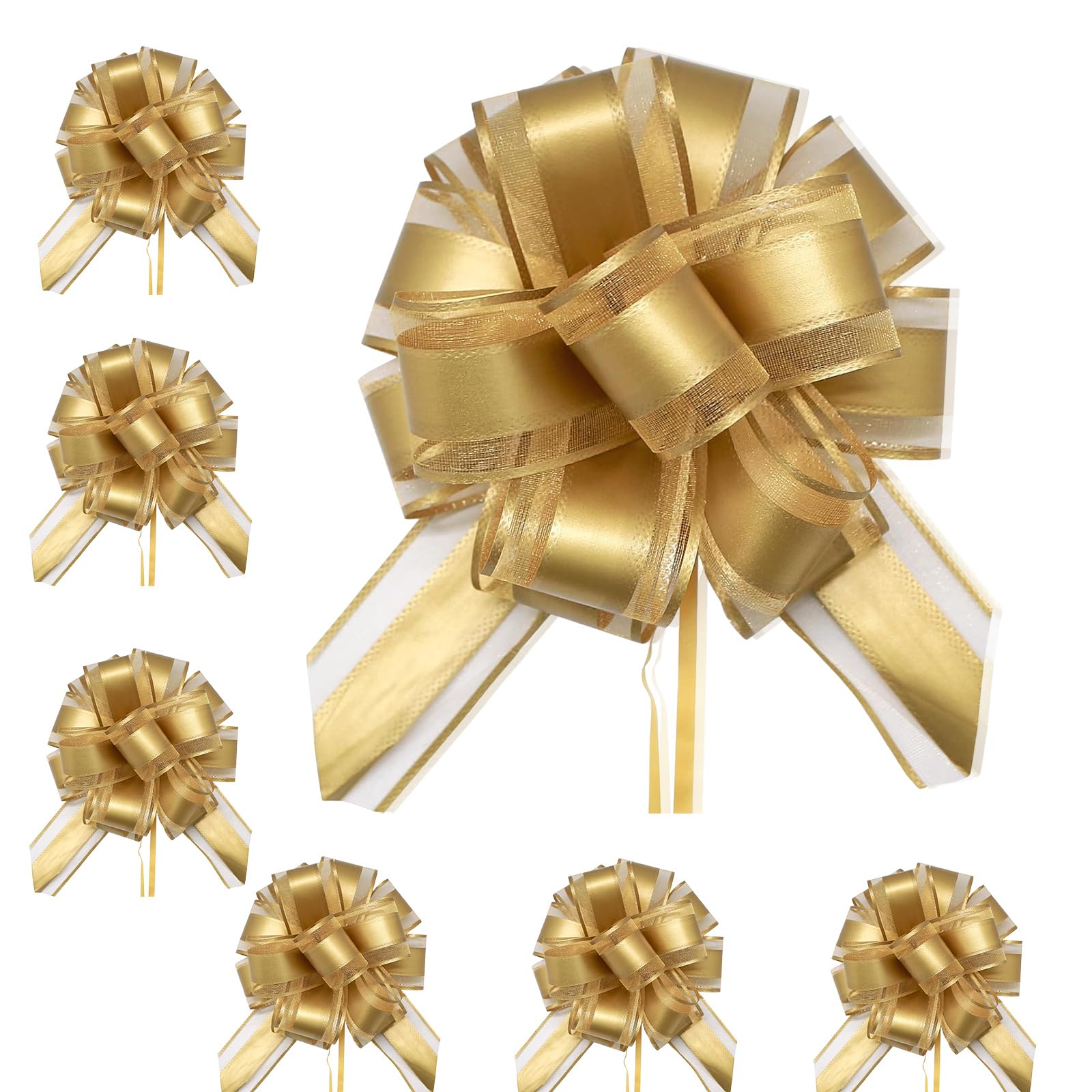 6P 7in/5cm Large Pull Bows Gift Wrap Bows for Gift Wrapping,Gold Pull Bow Ribbon for Present Wedding Car Gifts Basket,Christmas Pretied Gifts Gold Wrapping Bow for Flower Wedding Birthday Decor