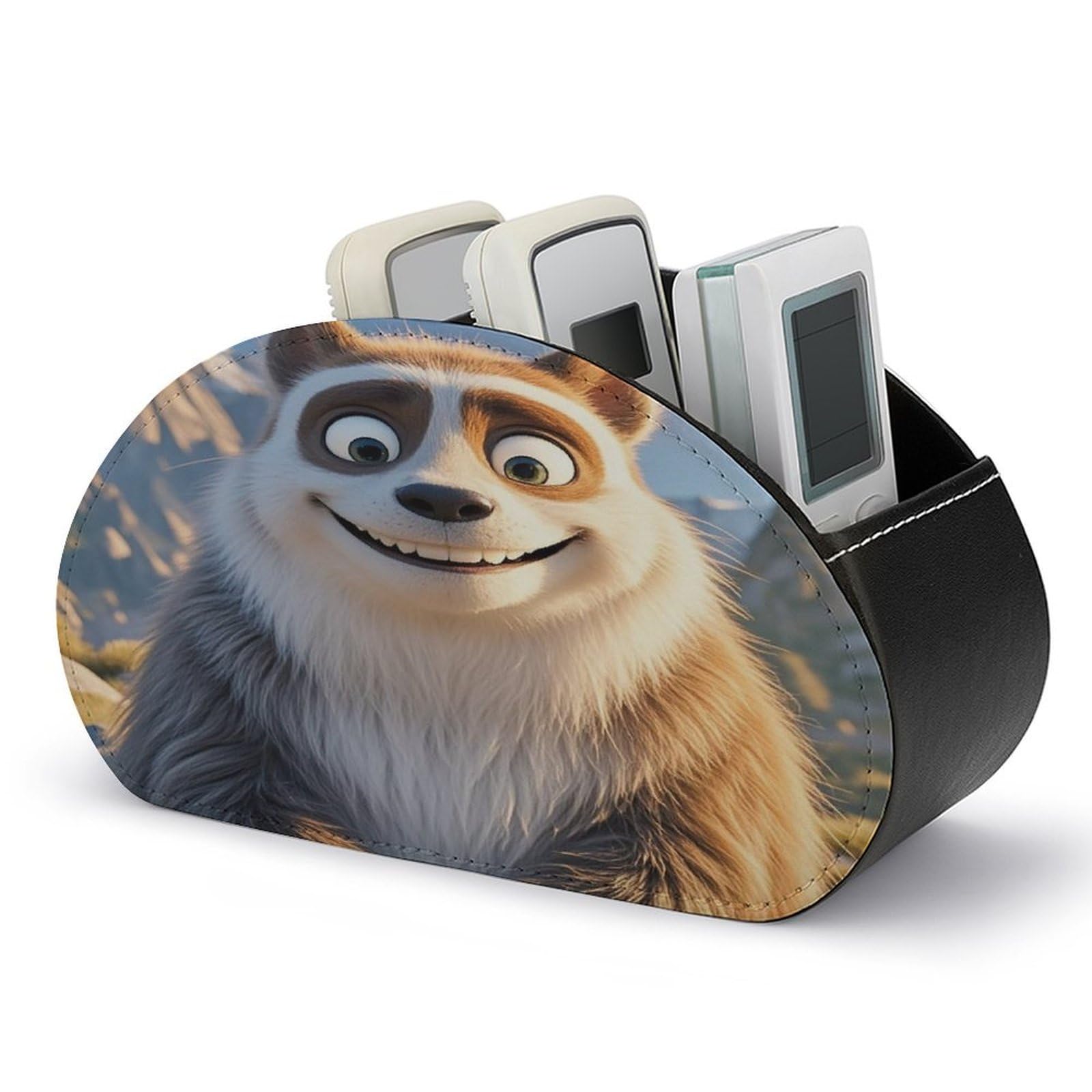FekiLoot Smiling Animal TV Remote Control Holder with 5 Compartments Multi-functional Leather Bedside Table Remote Caddy Desktop Storage Box for Store Pen Controller Media Player Cosmetic