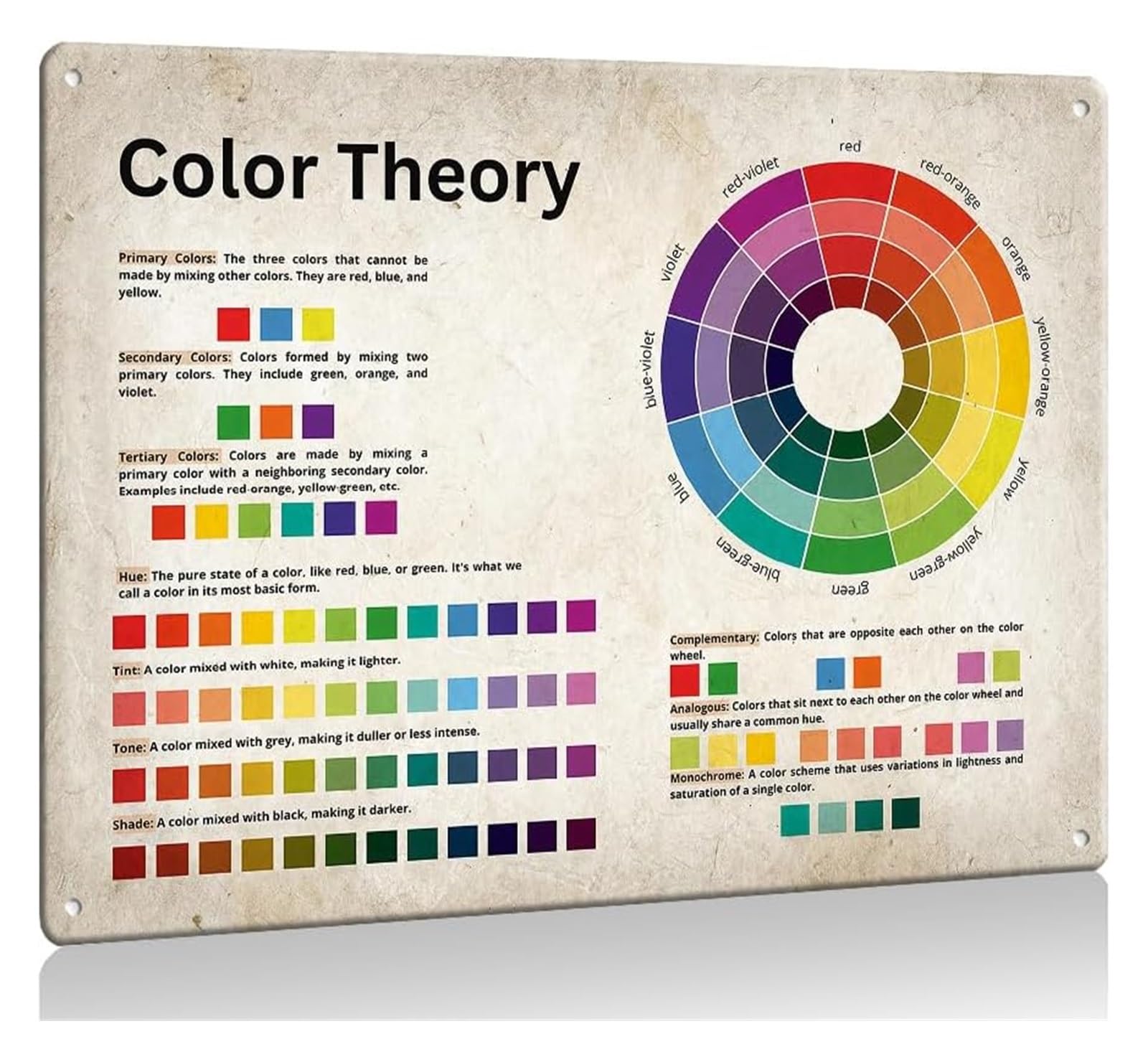 EKFBQBGW Educational Wall Decor Color Wheel Metal Tin Sign Basic Color Relationships Minimalist Layout for Kitchen College Dorm Sunroom 8 X 12 inch