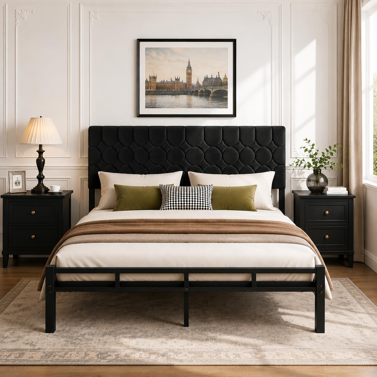KUTAS 4ft6 Double Bed Frame, 135 x 190 cm, with Adjustable Headboard, Upholstered Velvet Bed, Heavy Duty Metal Bed Frame with Storage, Noise Free, Easy Assembly, 500kg Capacity, Modern Black