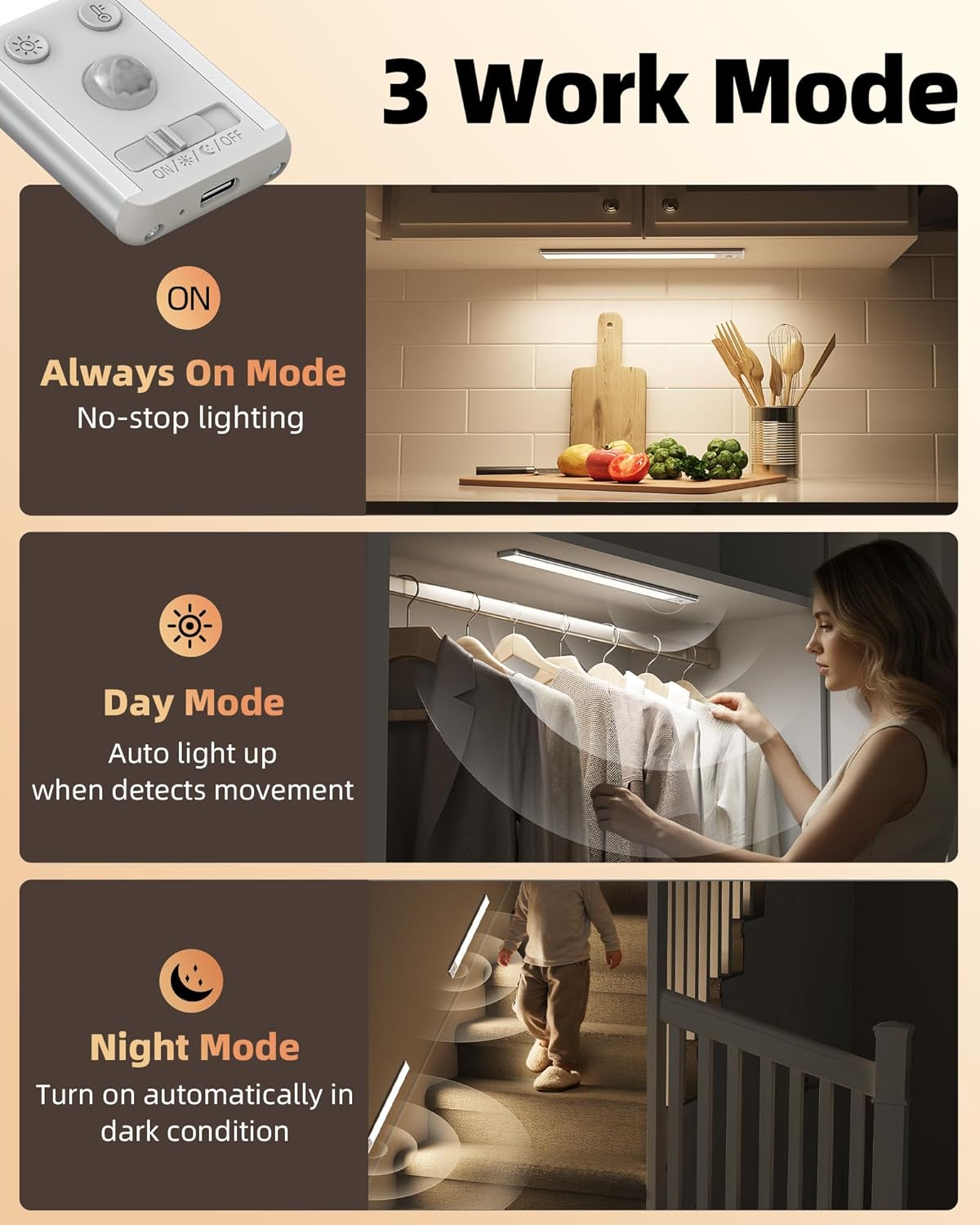 EZVALO 134 LED Under Cabinet Lights, 4000mAh Rechargeable Motion Sensor Light Indoor, Dimmable Magnetic Closet Lights with 3 Color Temps, Wireless Under Counter Lights for Kitchen, Stair (2 Pack)