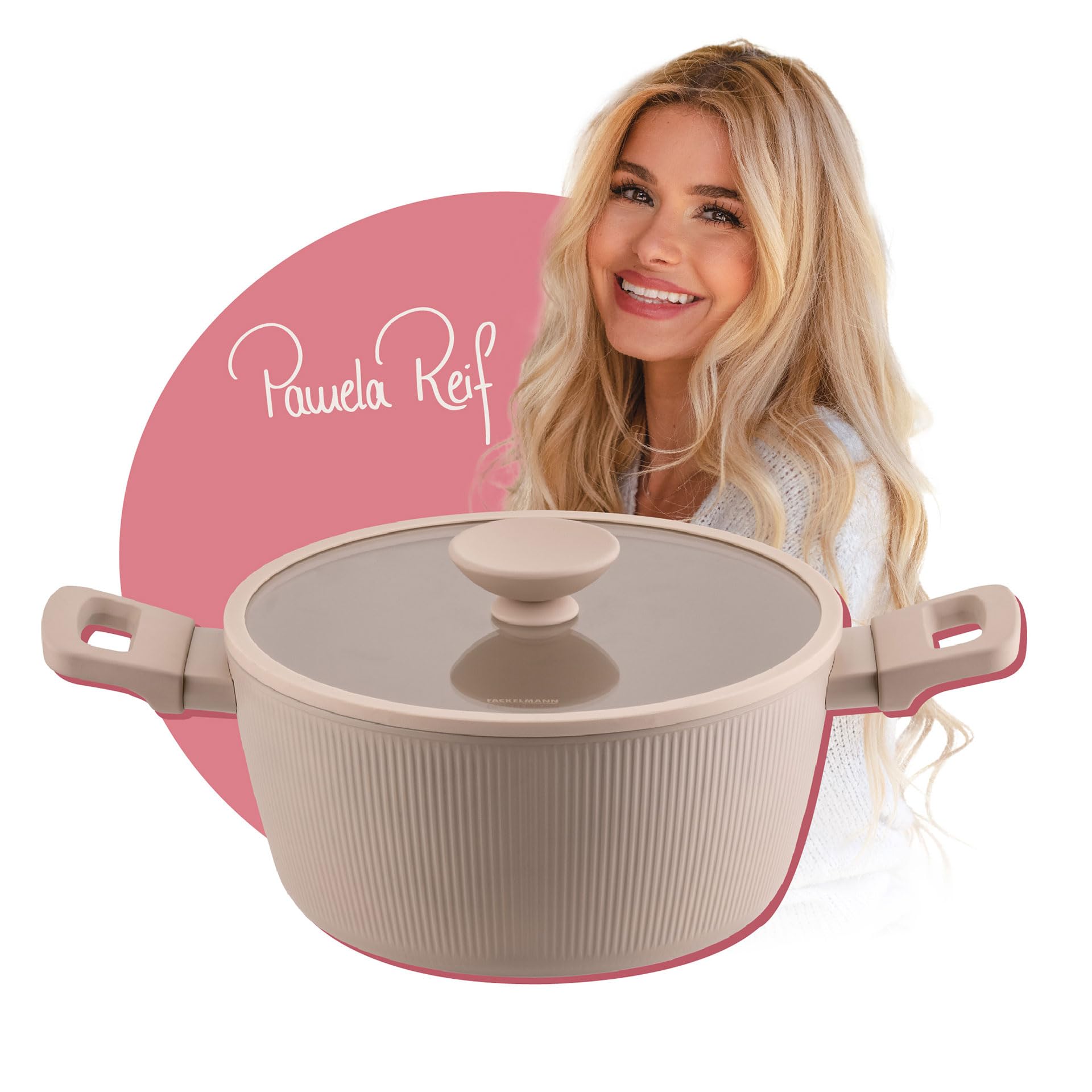 Fackelmann Pastel Beige X Pamela Reif Saucepan With Glass Lid 24 Cm - Forged Recycled Aluminium, Pfas Free Ceramic Coating, Suitable For All Hob Types