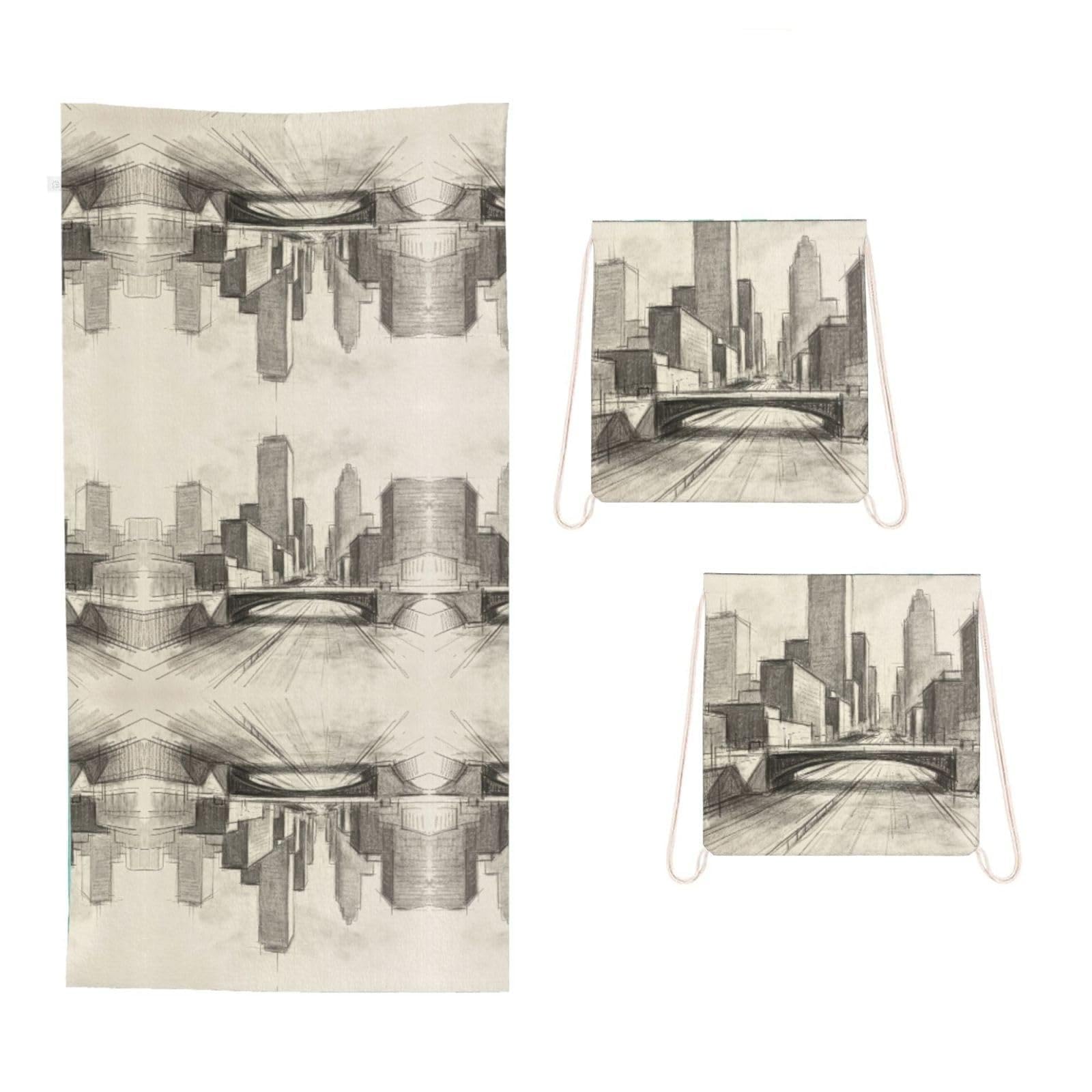 CNTDBU Pencil Sketch Art 2 in 1 Packable Towel Bag-Large Beach Towel with Stuff Sack, Super Absorbent Microfiber Travel Towel for Pool