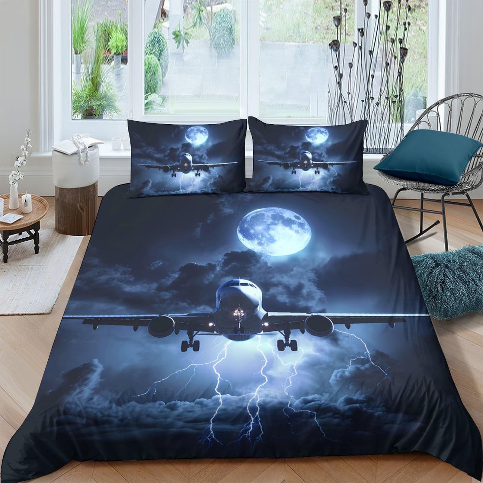Ctjqhvkz Style-1 3D Printed Night Sky Lightning Fitted Sheet Microfiber Soft Airplane Bed Cover For Bedroom Guest Room Decor Single（135X200cm）