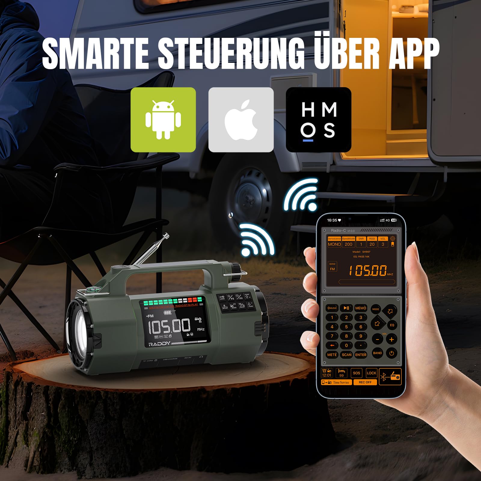 Raddy SH-907 Radio de Emergencia con Control App, manivela, Solar, Receptor Am/FM/SW/VHF con Batería Reemplazable de 5000 mAh, Linterna, SOS, Brújula para Cortes de Energía, Camping y Emergencias