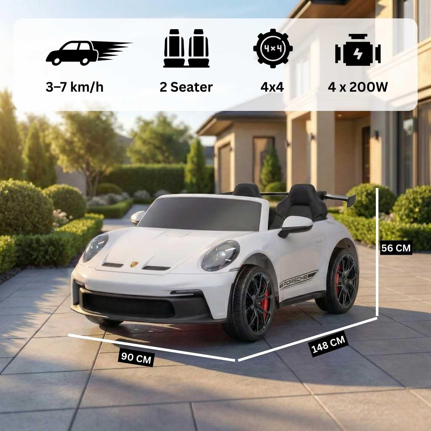 Elektrisches Kinderauto Porsche 911 24V mit 4x4-Antrieb, weiß, Zwei Sitze, 2,4-GHz-Fernbedienung, USB/AUX-Eingang, 200W-Motoren, Federung, Lithium-Batterie, LED-Leuchten vorne und hinten