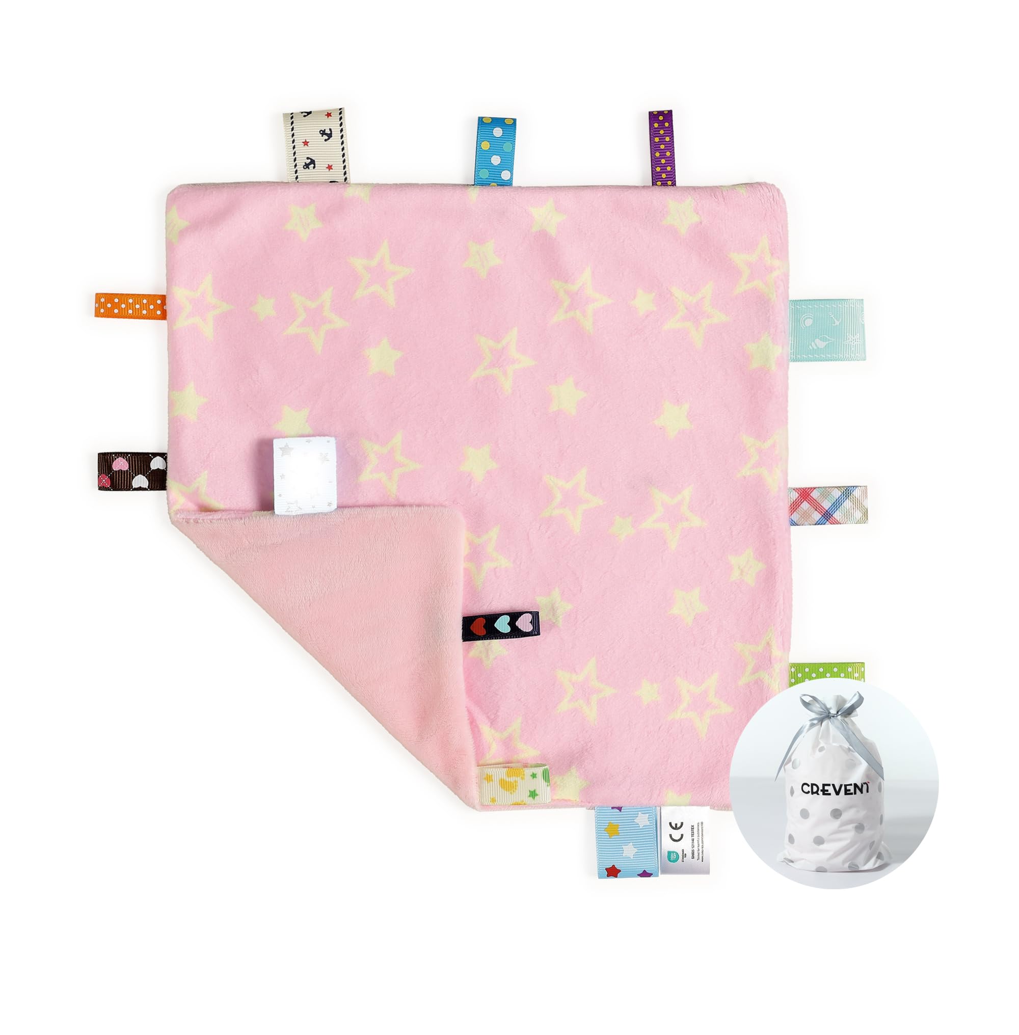 CREVENT Tag Security Blankets for Babies, Soft Small Loveys for Boys, Baby Comforter Sensory Blanket, Great Gifts for Birthday Baby Shower - 10"X10" Pink Star