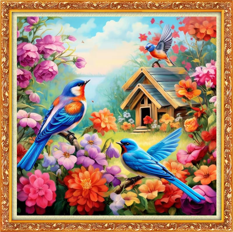 Image of DMCVIVR Stamped Cross Stitch Kits for Beginners Adults Needlepoint Kits for Beginners Embroidery Kits for Adults Crossstitch Kit for Beginners 11CT-Bird House 18x18 inch
