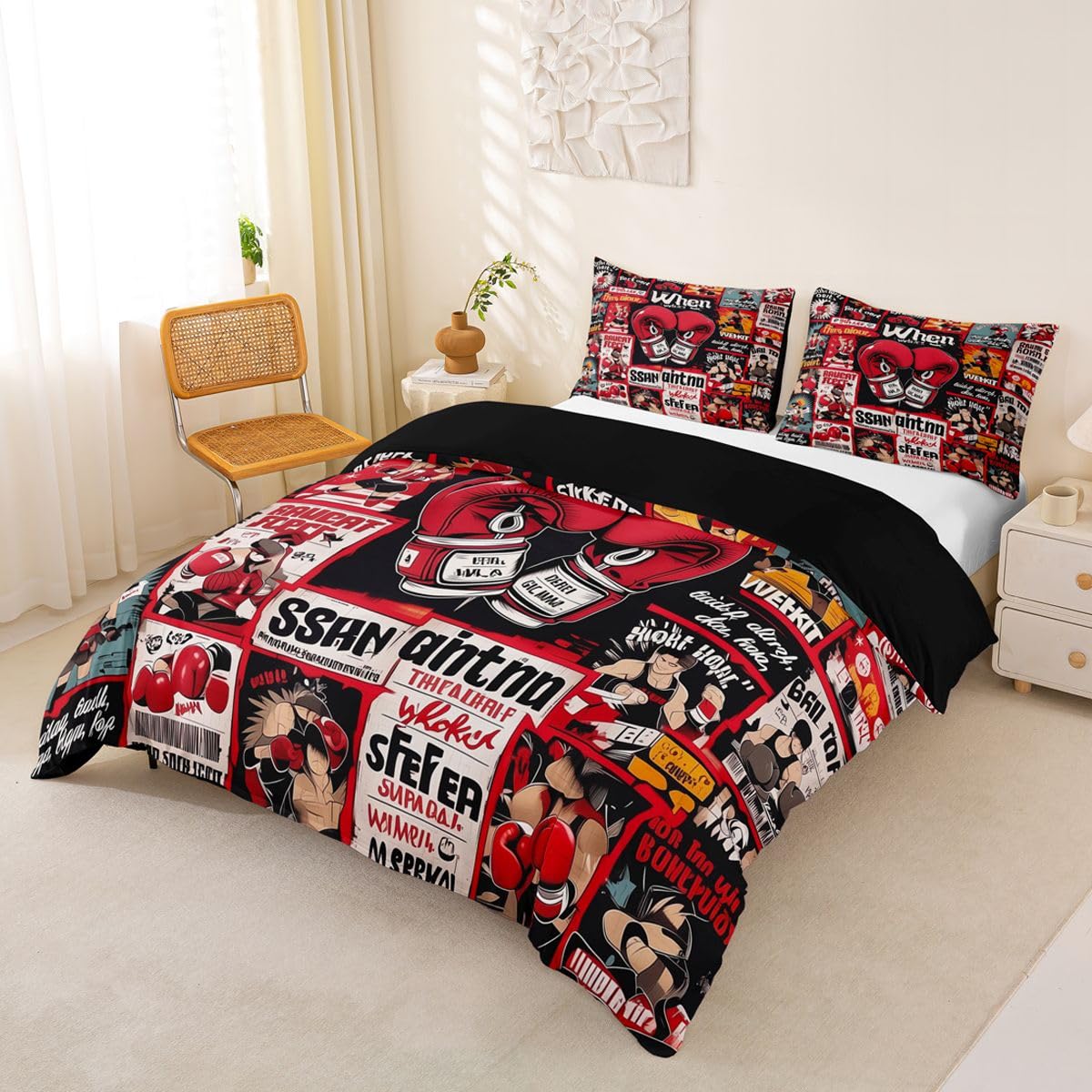 Homewish Rękawice bokserskie super king poszewka na kołdrę patchworkowy zestaw pościeli dla dorosłych nastolatków kobiet retro boks tematyczny plakat styl poszwa na kołdrę bokser czasopisma wycinki