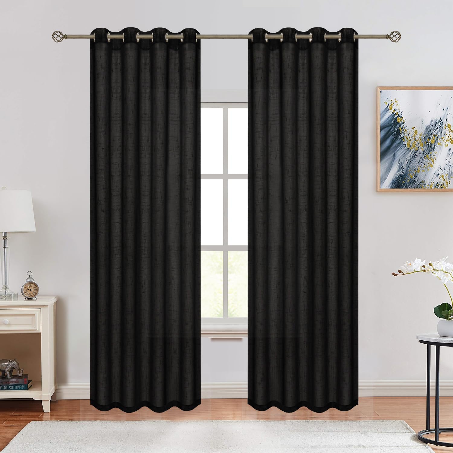 RNDRSSE Sheer Curtains Faux Linen Semi Voile Light Filtering Drapes Pair for Bedroom Living Room, Set of 2 Grommet Top Window Curtain Panels (Each 54 x 95 Inch, Black)