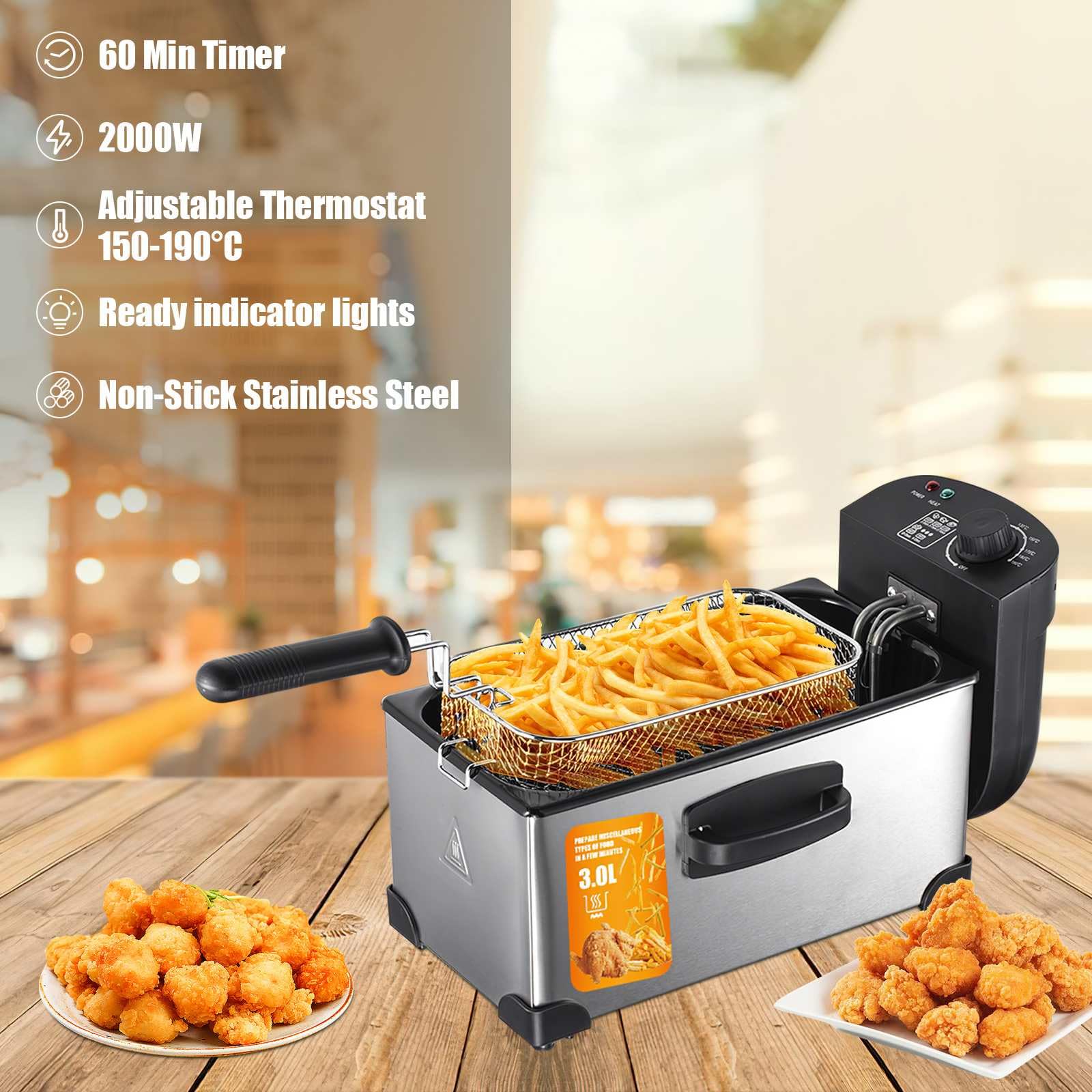 Friggitrice ad olio da 6 l, friggitrice elettrica con cestino incluso, 2200, potenza di 2200 W, potenza 2200 W, temperatura regolabile 200 °C, corpo in acciaio inox resistente, uso domestico e