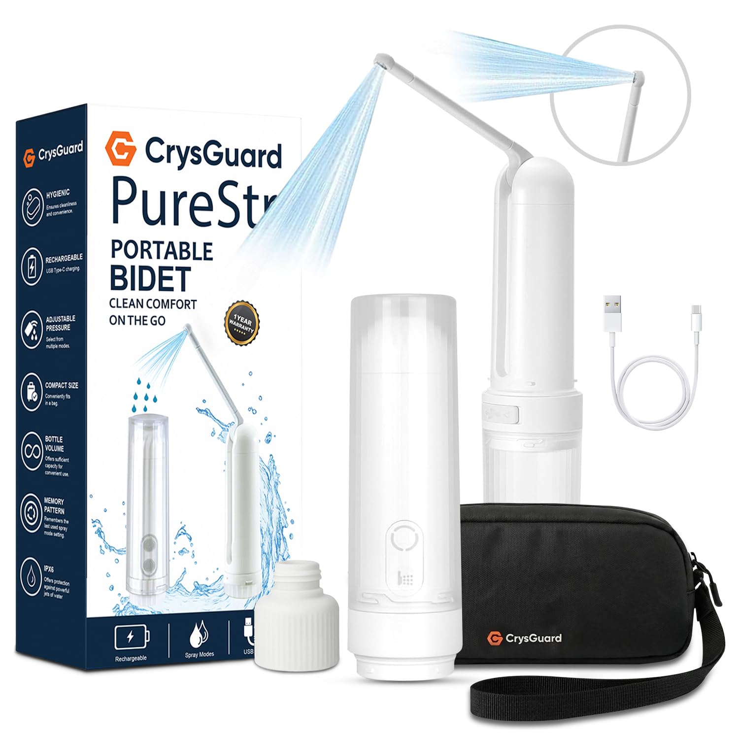PureStream Portable Bidet for Travel USB-C Rechargeable Handheld Sprayer with Bottle Adapter 180 Foldable Nozzle Adjustable Pressure Modes