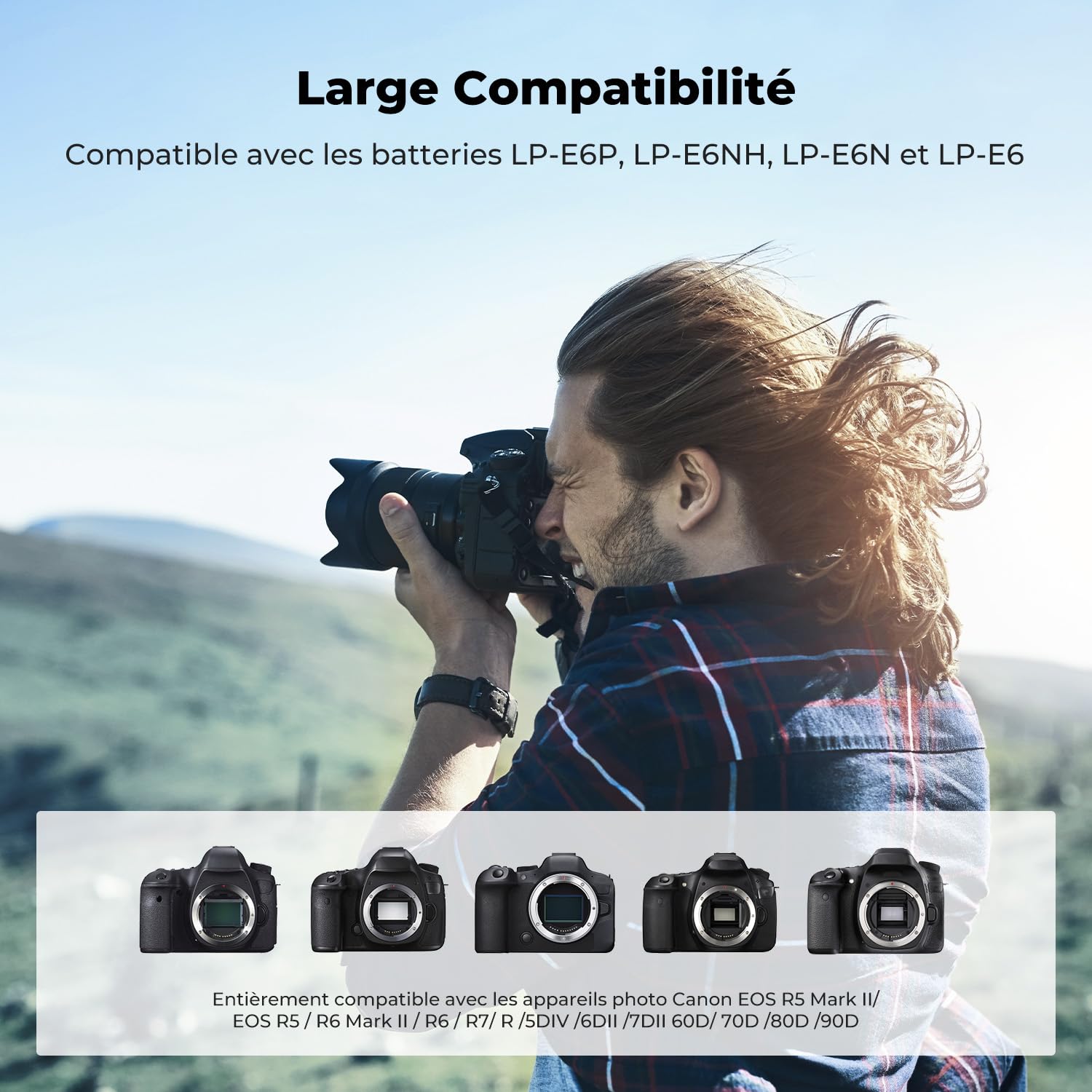 K&F CONCEPT LP-E6P Batterie et Chargeur 3x2400mAh Compatible avec Canon R7 | Compatible avec Les modèles Canon EOS R6 Mark II, R5 Mark II, R6, R6V, R5, 5D III, 5D IV, 5DS, 6D, 6D II, 7D, 80D,90D et C50