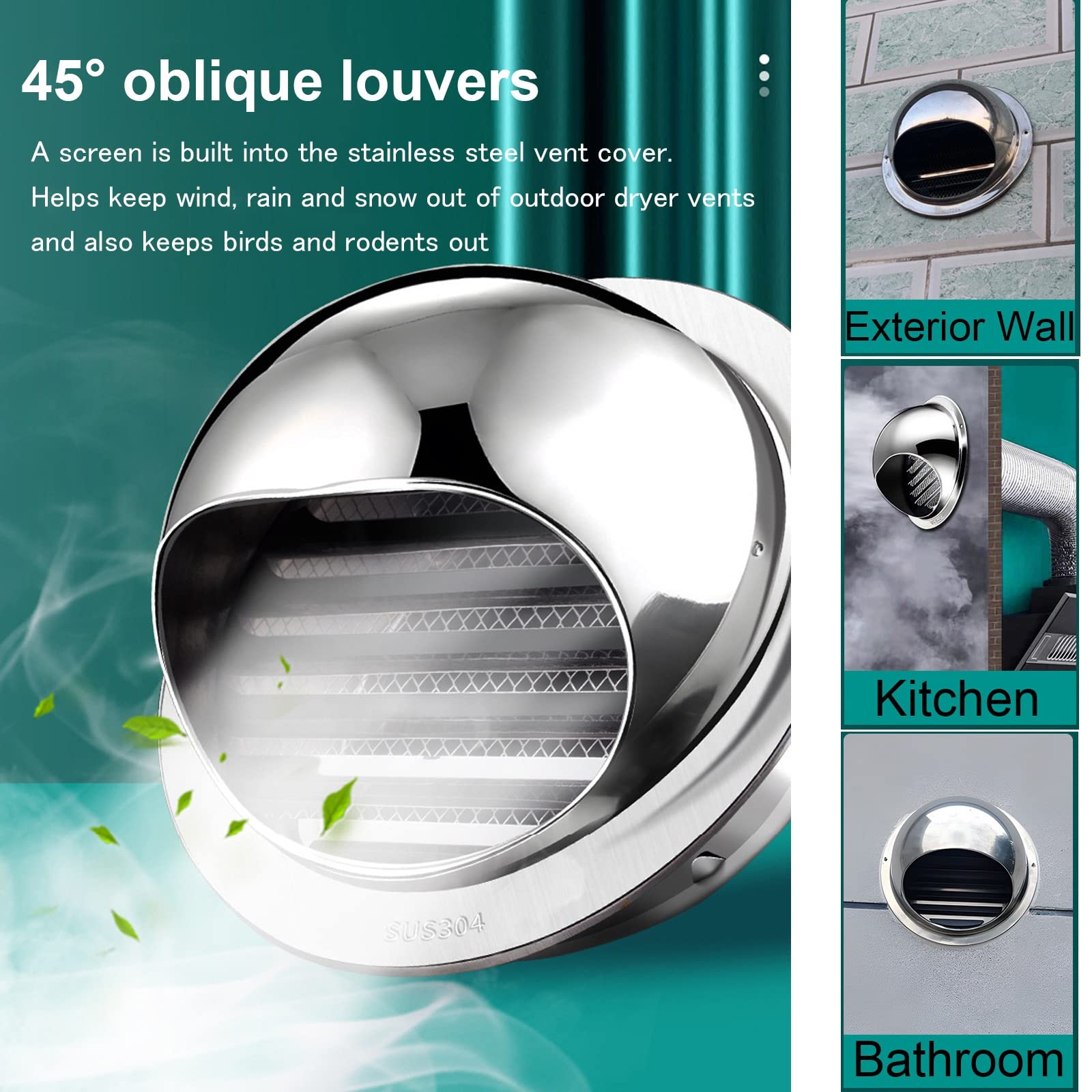 Osłona wentylacyjna，Air Vent， Otwory wentylacyjne ze stali nierdzewnej, okrągły kapturek wentylacyjny na ścianie, otwór wentylacyjny z siatką ekranującą, odporny na warunki atmosferyczne/3,5 cala/90 m
