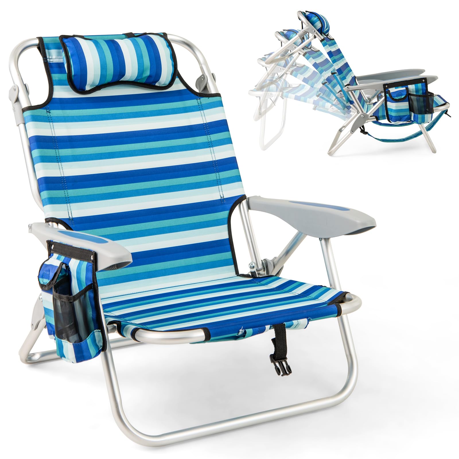 COSTWAY Folding Backpack Beach Chair, Adjustable Position Camping Chair with Headrest, Towel Rack and Storage Pockets, Outdoor Sun Lounger for Picnics, BBQ & Fishing (1, Striped Blue)