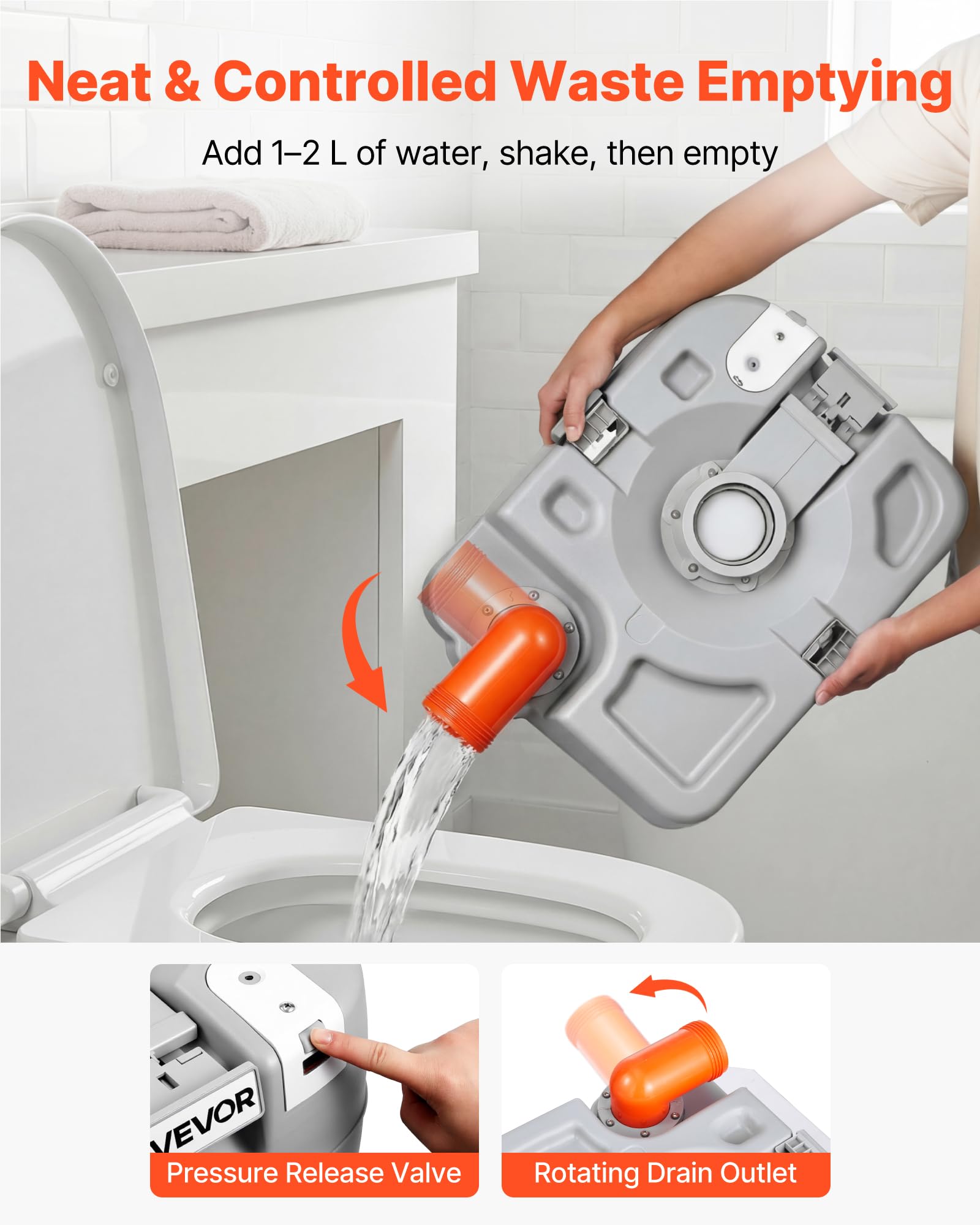 VEVOR Inodoro Portátil con Descarga de Agua con Tanque de Desechos de 30 L, Aprox. 200 Descargas, Inodoro Portátil para Camping Carga de 180 kg para Uso Doméstico, Viaje en Autocaravana, Senderismo