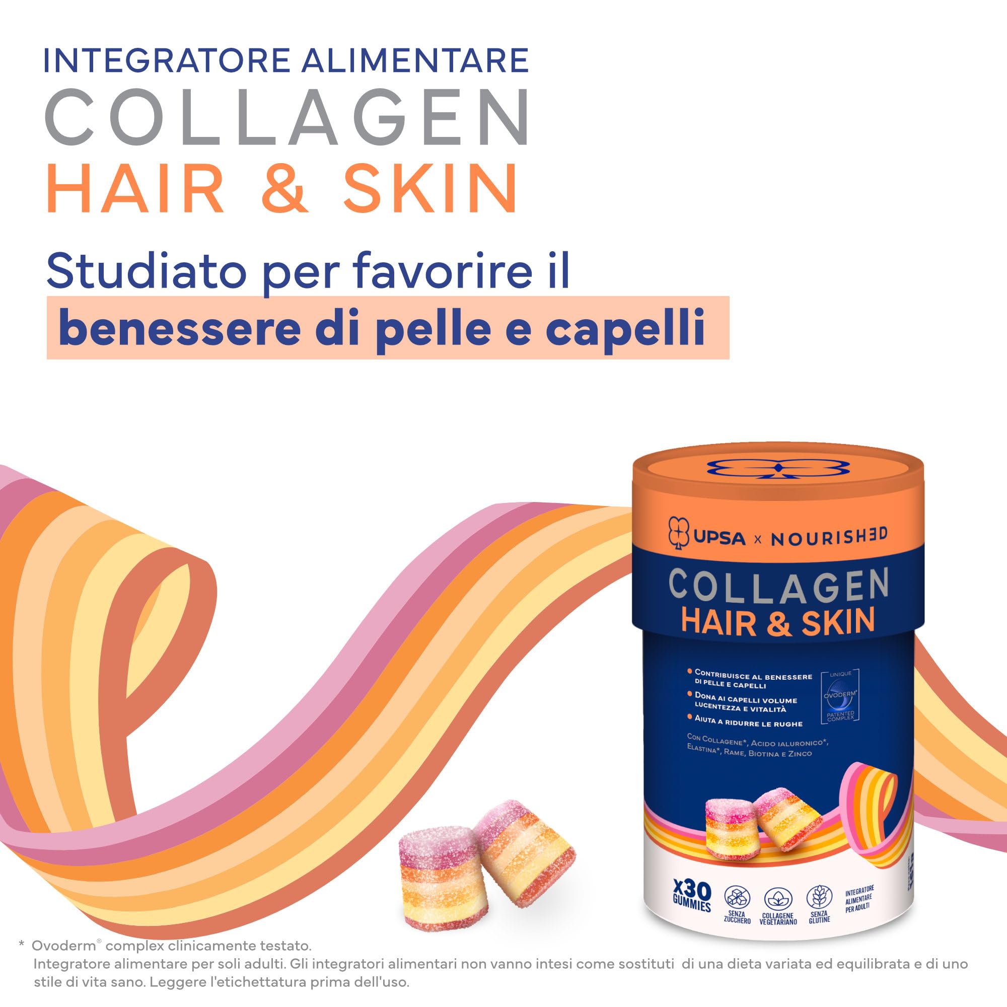 UPSA x Nourished Collagene Hair and Skin, con Biotina, 60 Gummies, Bipacco | Integratore Alimentare per benessere di pelle e capelli, con Ovoderm, Rame, Biotina, Gusto Frutta, Senza Zucchero Vegetariano