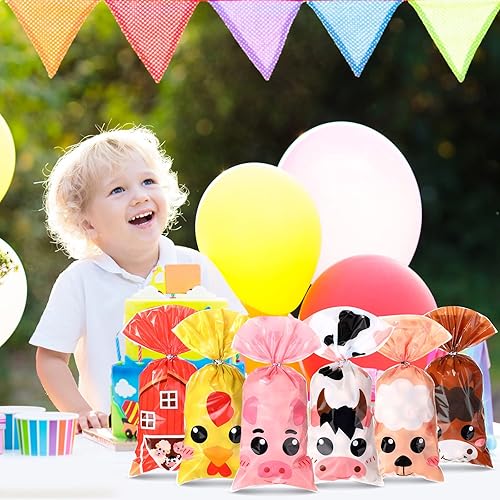 Miniatura 7 de Pajean 120 bolsas de recuerdo de fiesta de animales de granja, bolsas de regalo de dulces de plástico, decoración de granja para baby shower, niños
