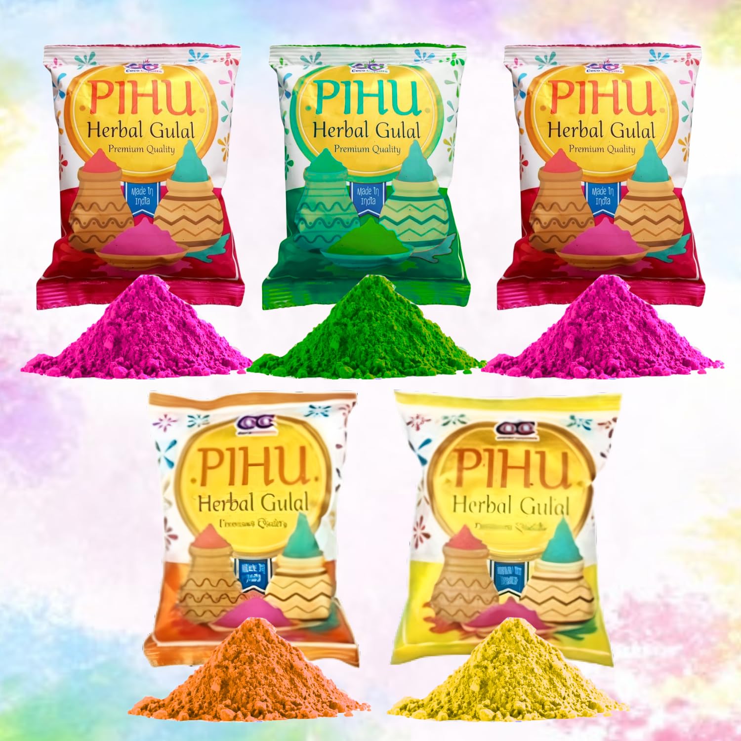 DRYPHON Herbal Gulal Holi Colors Pack of 5 Organic Holi Colours for Holi Celebration | Skin Friendly Natural Gulal for Holi | Non-Toxic, Chemical-Free, Vibrant Long-Lasting Colors