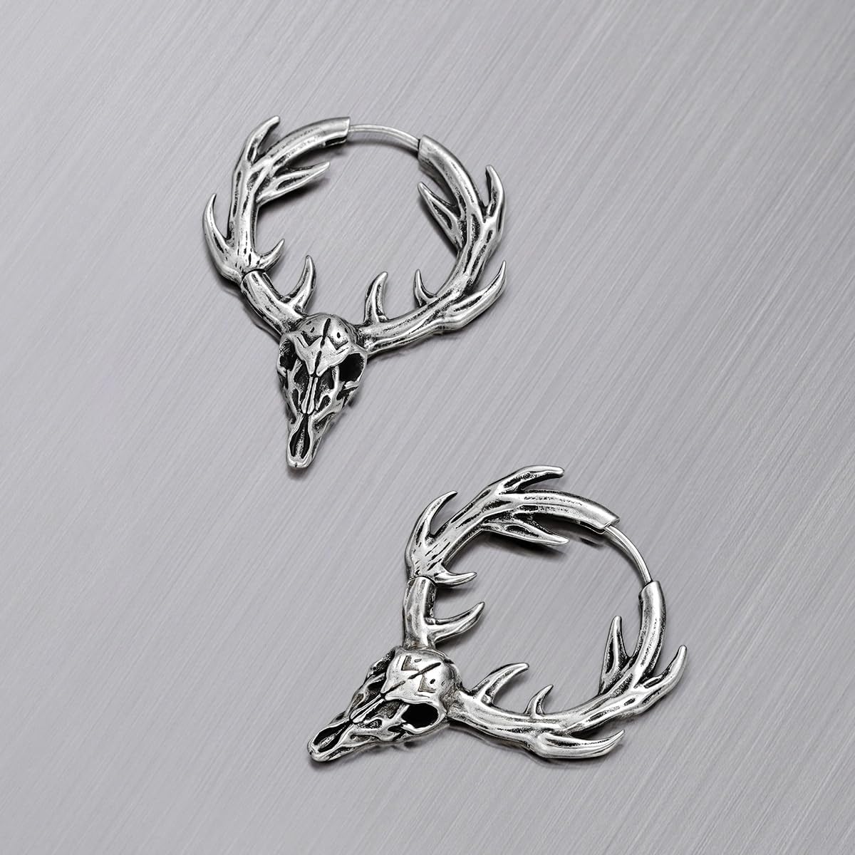 PUNKYOUTH Gothic Stag Skull Earrings 18G Antler Deer Drop Hoop Earrings for Women Men Christmas Punk Style Alternative Earring Jewelry with 925 Silver Post