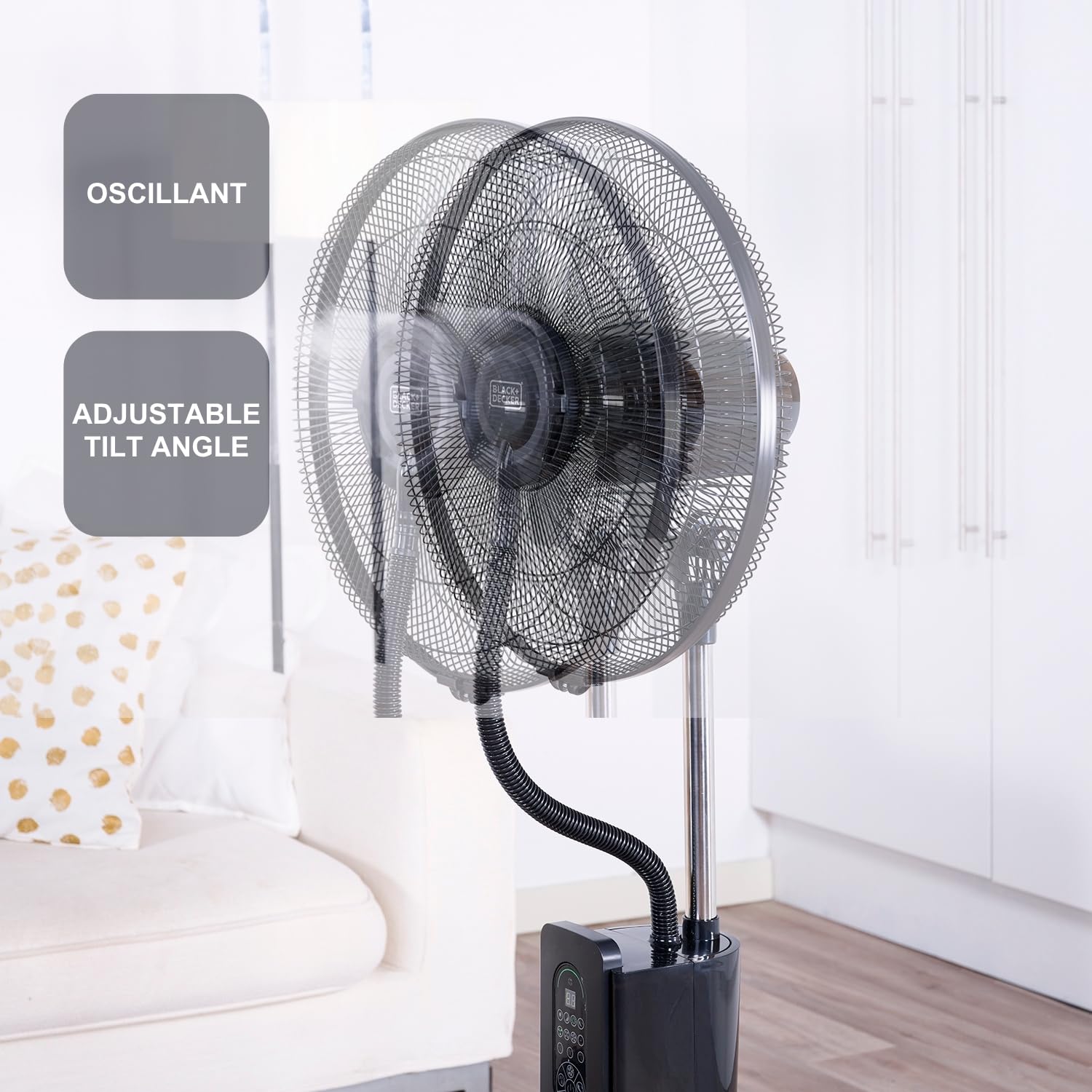 BLACK+DECKER - Ventilatore a piantana con nebulizzatore 75W | 3 velocità | Display digitale | Oscillante | Telecomando | Serbatoio 2L