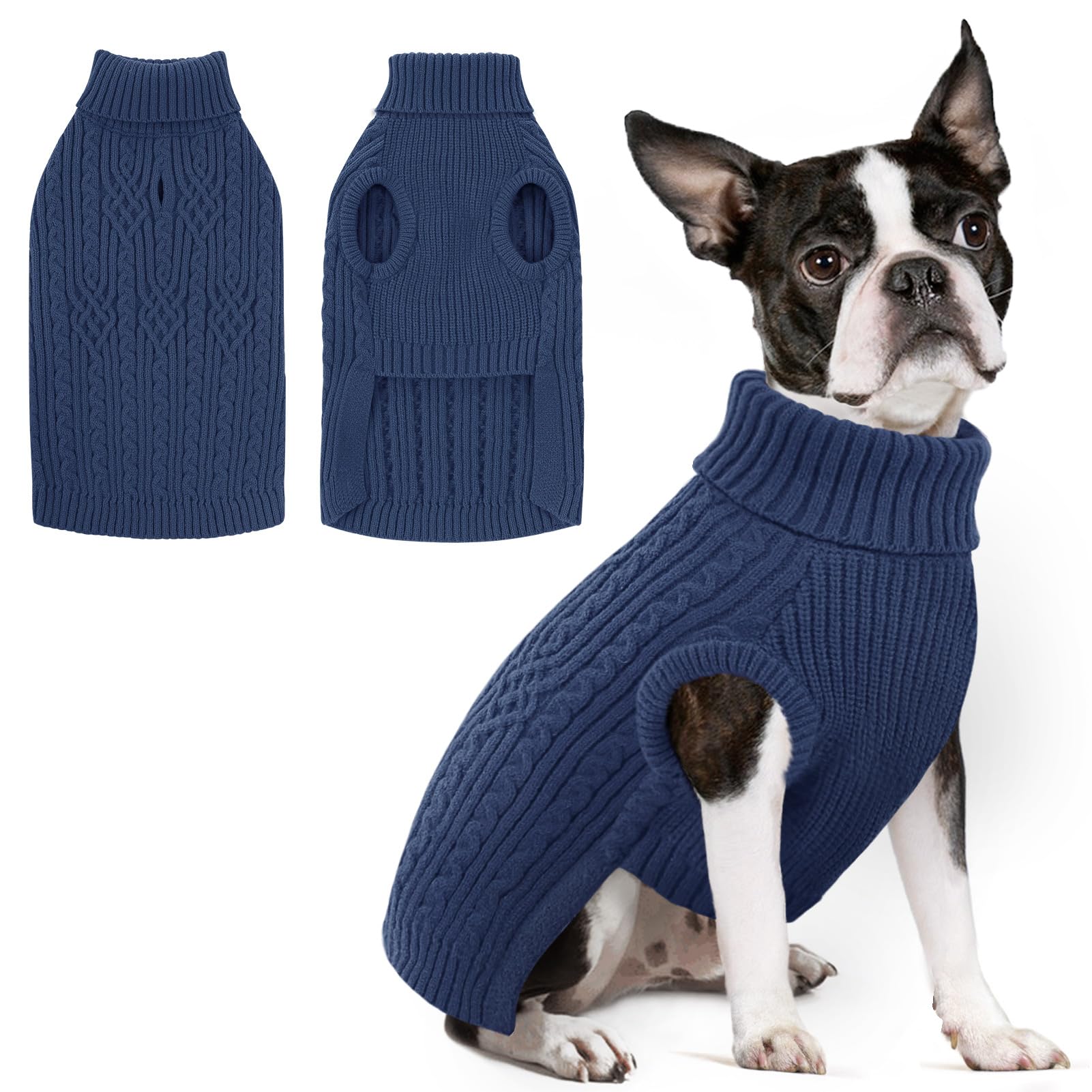 AOFITEE Large Dog Jumper, Soft Large Dog Christmas Jumpers, Warm Turtleneck Dogs Jumper with Harness Hole Pet Knitwear for Fall Winter, Stretchy Blue Dog Knitted Jumpers for Cockapoo, Blue L