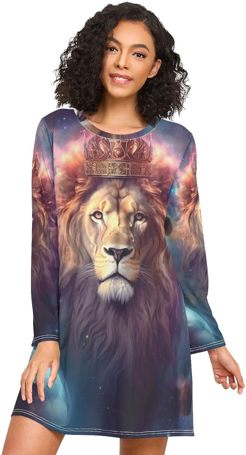 Lion Galaxy Long Sleeve Womens Night Shirts, Cozy Crewneck Sleep Dress, Comfy Nightgowns for Women