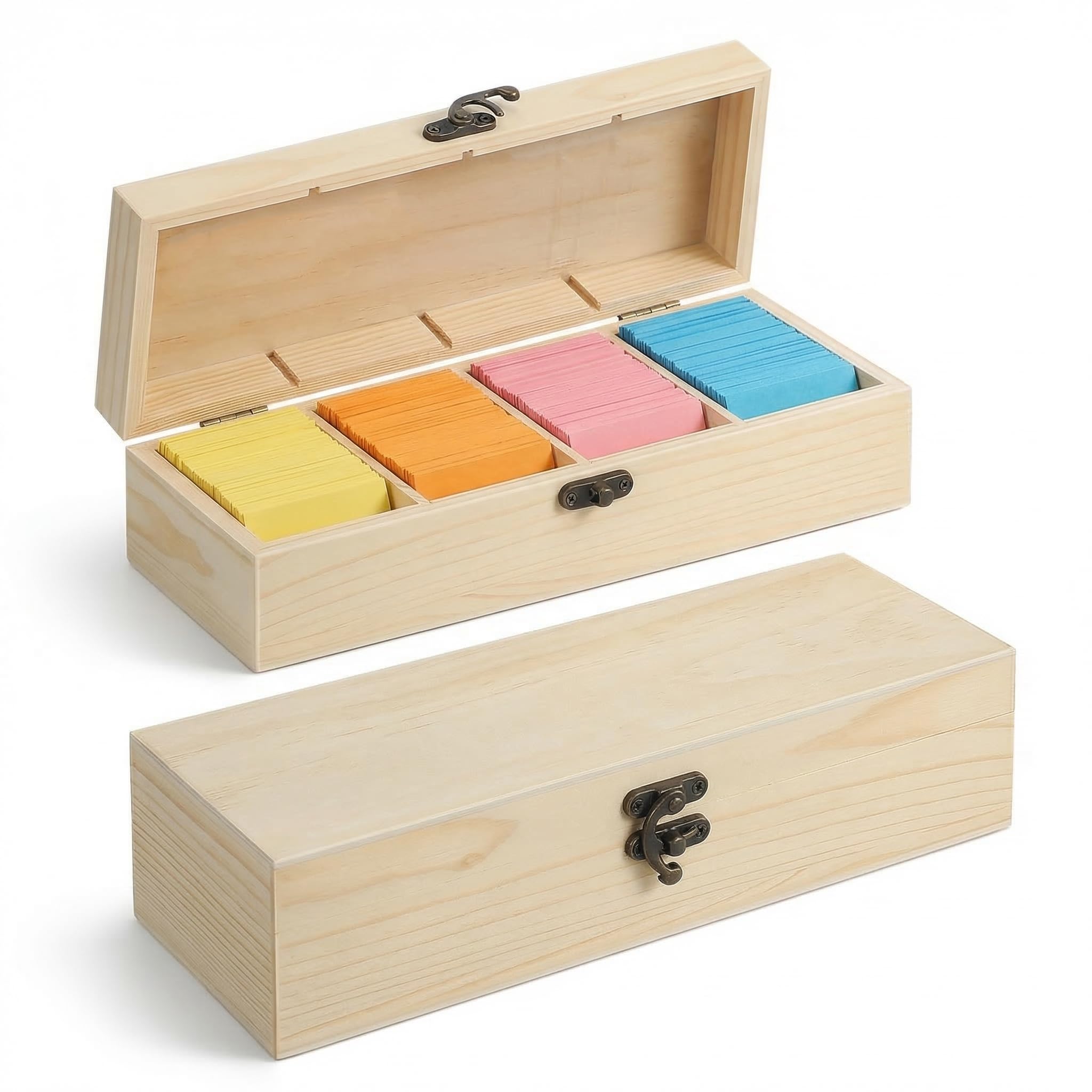 VILLCASE 2er Set Karteikasten Holz, A8 Karteikarten Box mit Deckel & Metallverschluss, Vokabelbox 4 Fächer, Lernkarteibox Karteikartenbox für Büro, Schule & Kleinteile Aufbewahrung (25x9,5x6,5 cm)