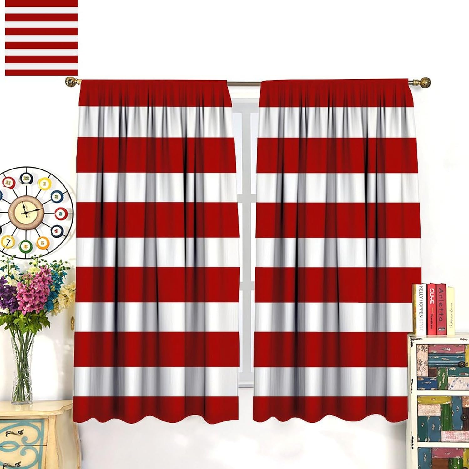 Striped Blackout Curtains,Red and White Striped Modern Fashion Red White Design Pattern Christmas Fabric Window Treatments Rod Pocket Drapes for Living Room Bedroom Kitchen 42x45in