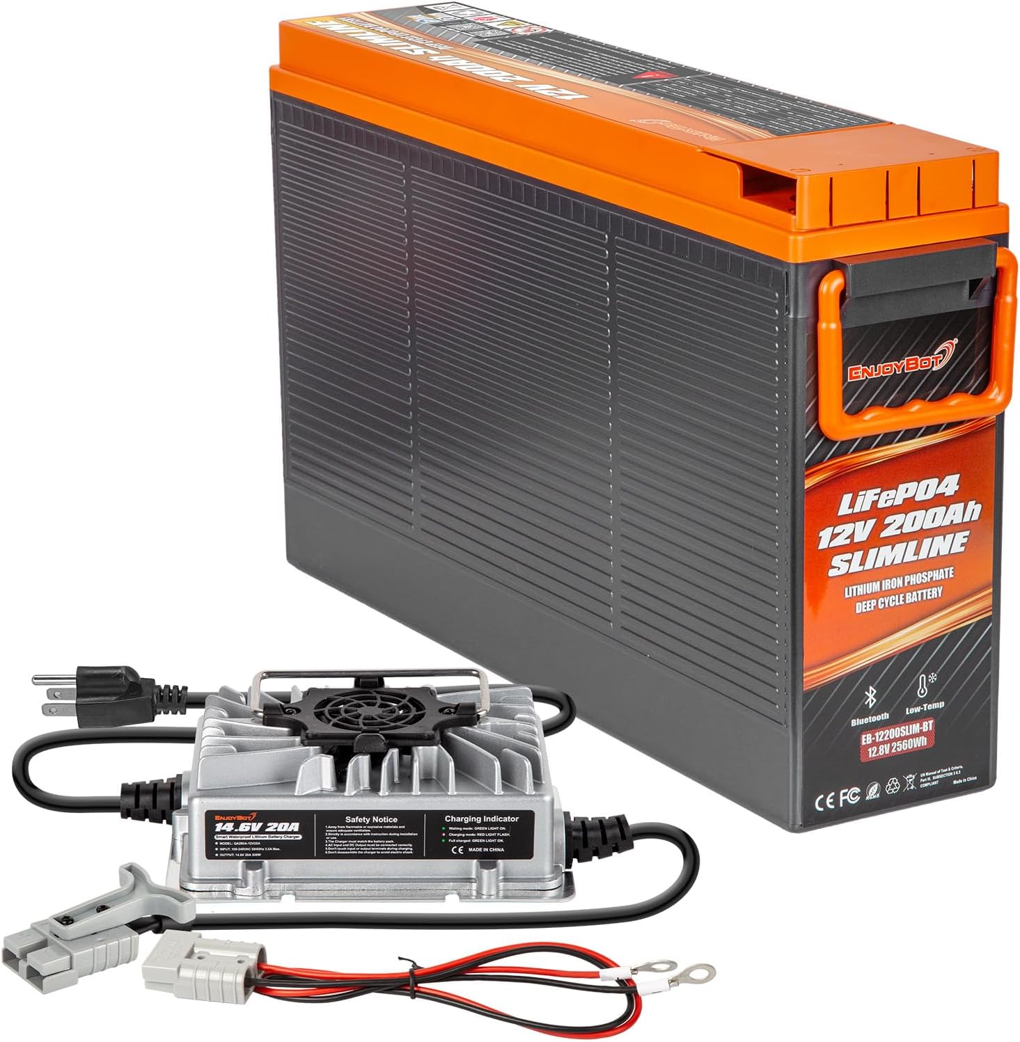 Enjoybot 12V 200Ah Slimline LiFePO4 Lithium Battery with 14.6V 20A Charger, Constructed-in 200A BMS and Bluetooth, Low-Temp Safety and Extremely-slim Design, Good for RV, Marine Boats, Dwelling Backup, Photo voltaic