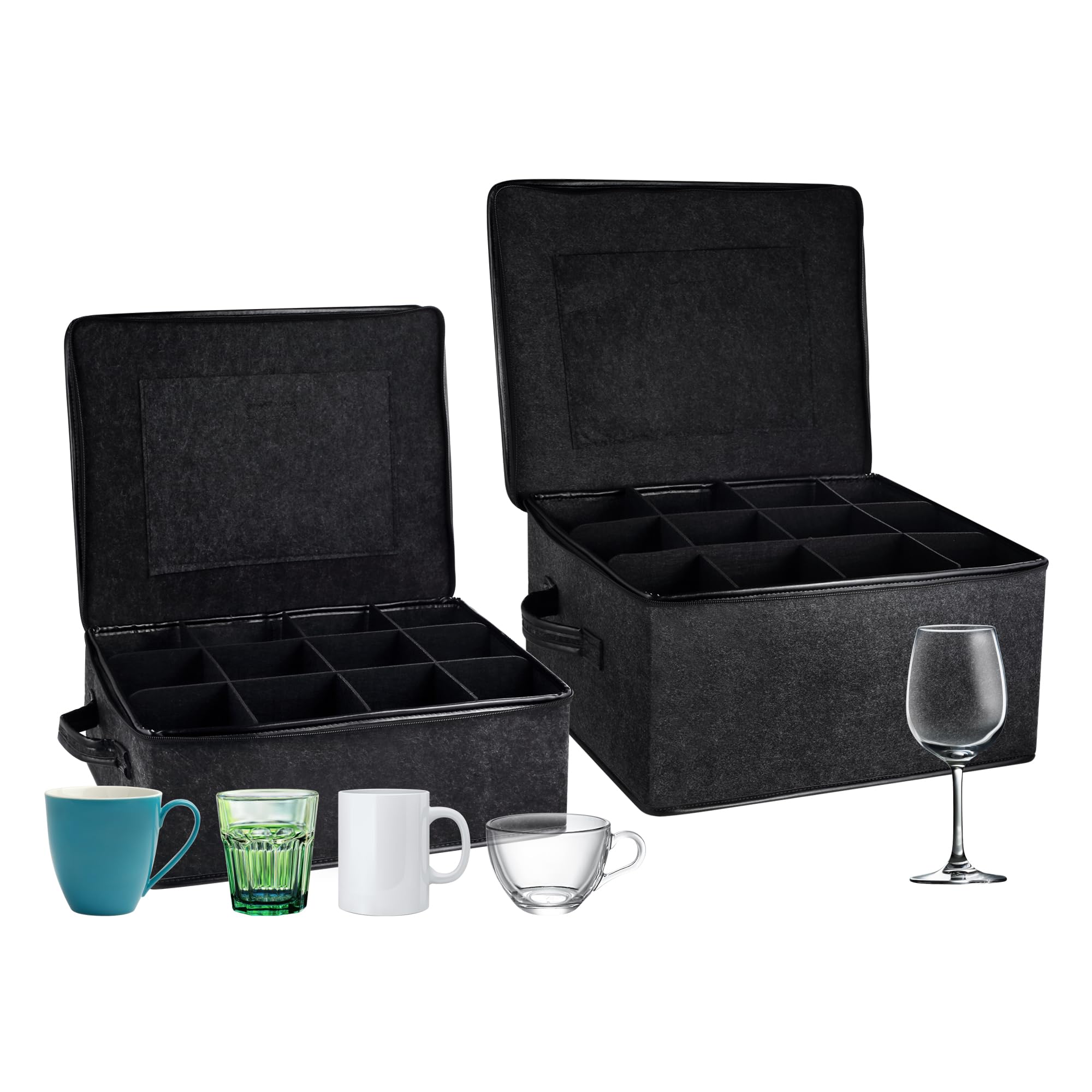 Swnhdeti 2 Pack Glass Storage Box with Dividers for Mugs & Glassware Coffee Cup Kit Stemware Storage Containers for Packing and Moving 12 Crystal Glassware, Wine Glasses, Drinkware (Gray)