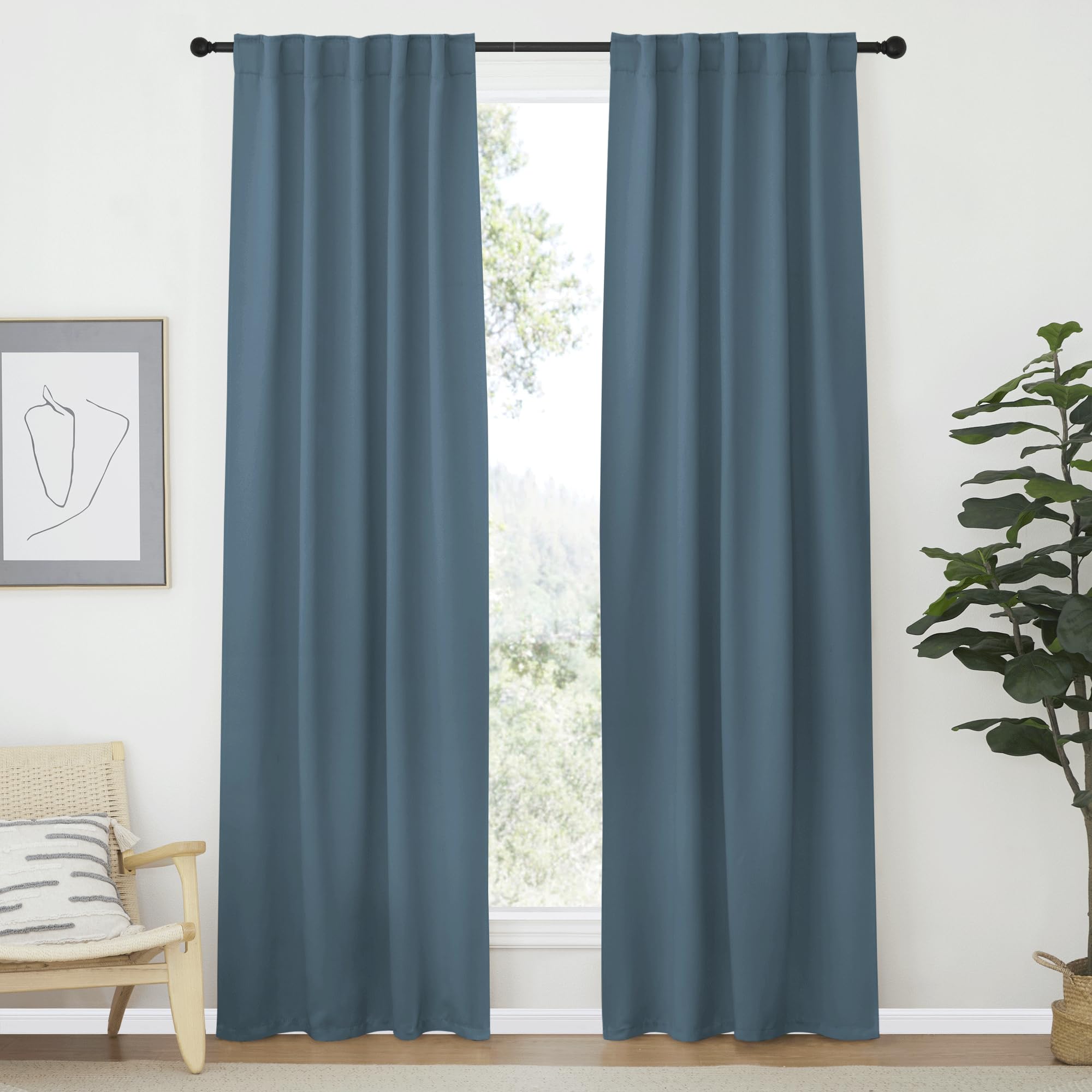 NICETOWN Vertical Blinds Window Curtain Panels - (Smoky Blue Color) 42 by 84 Inches, Set of 2, Energy Saving Rod Pocket and Back Tab Blackout Curtains for Nursery loft Cafe Laundry