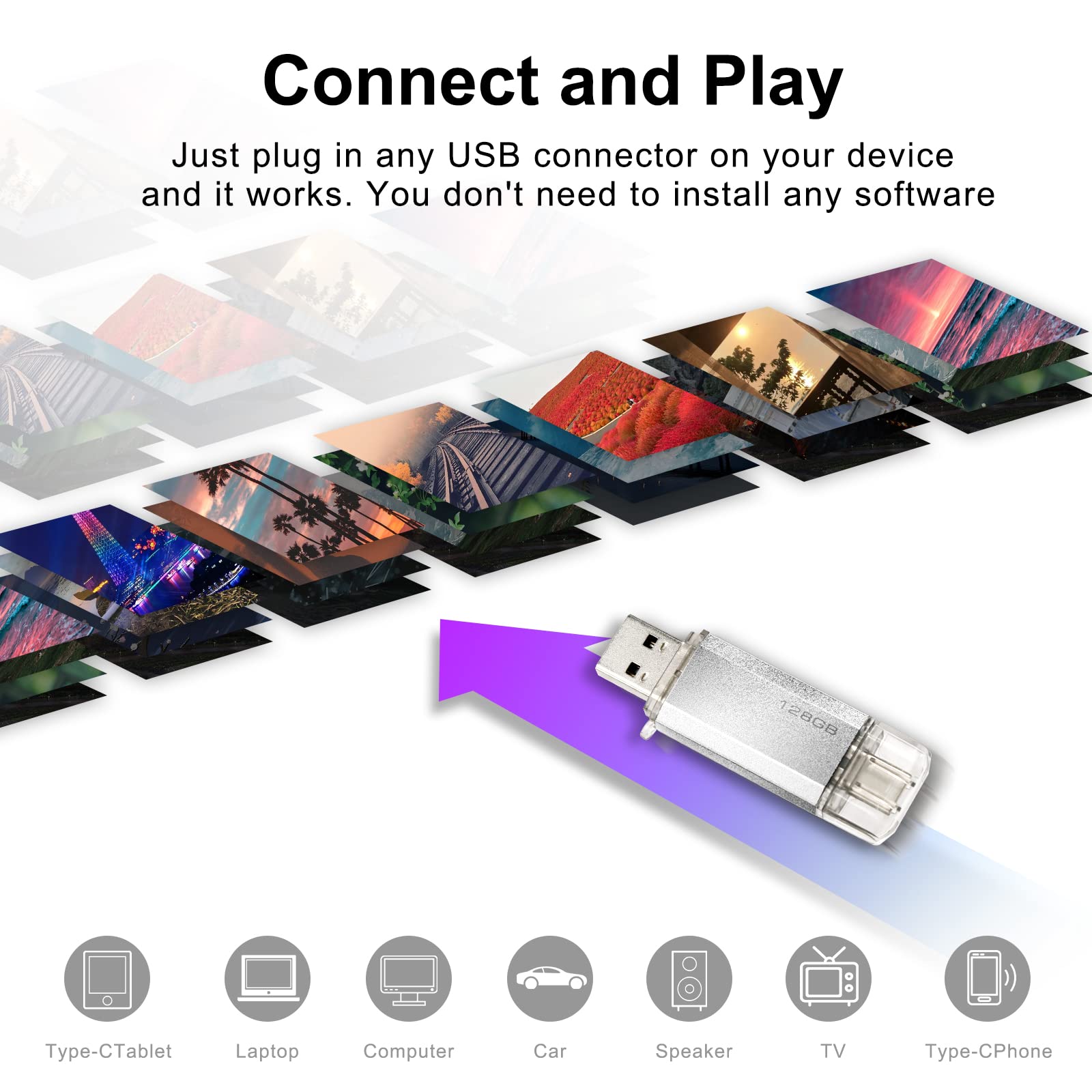 Clé USB C 128GB 2-en-1 Dual Connector OTG Type C Metal Flash Argent