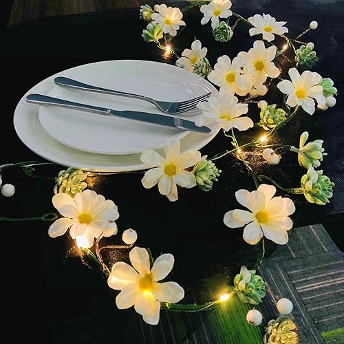 Vista 10 de Guirnalda de luces artificiales de crisantemo de margaritas colgantes, guirnalda de vides de simulación de seda, luz solar alimentada por