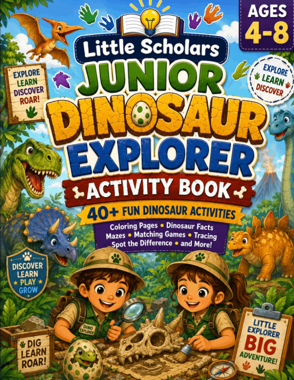 Junior Dinosaur Explorer Activity Book: 40+ Fun Dinosaur Activities for Ages 4-8 Coloring Pages, Mazes, Spot the Difference, Matching Games, Fossil Hunts, Counting Fun and More