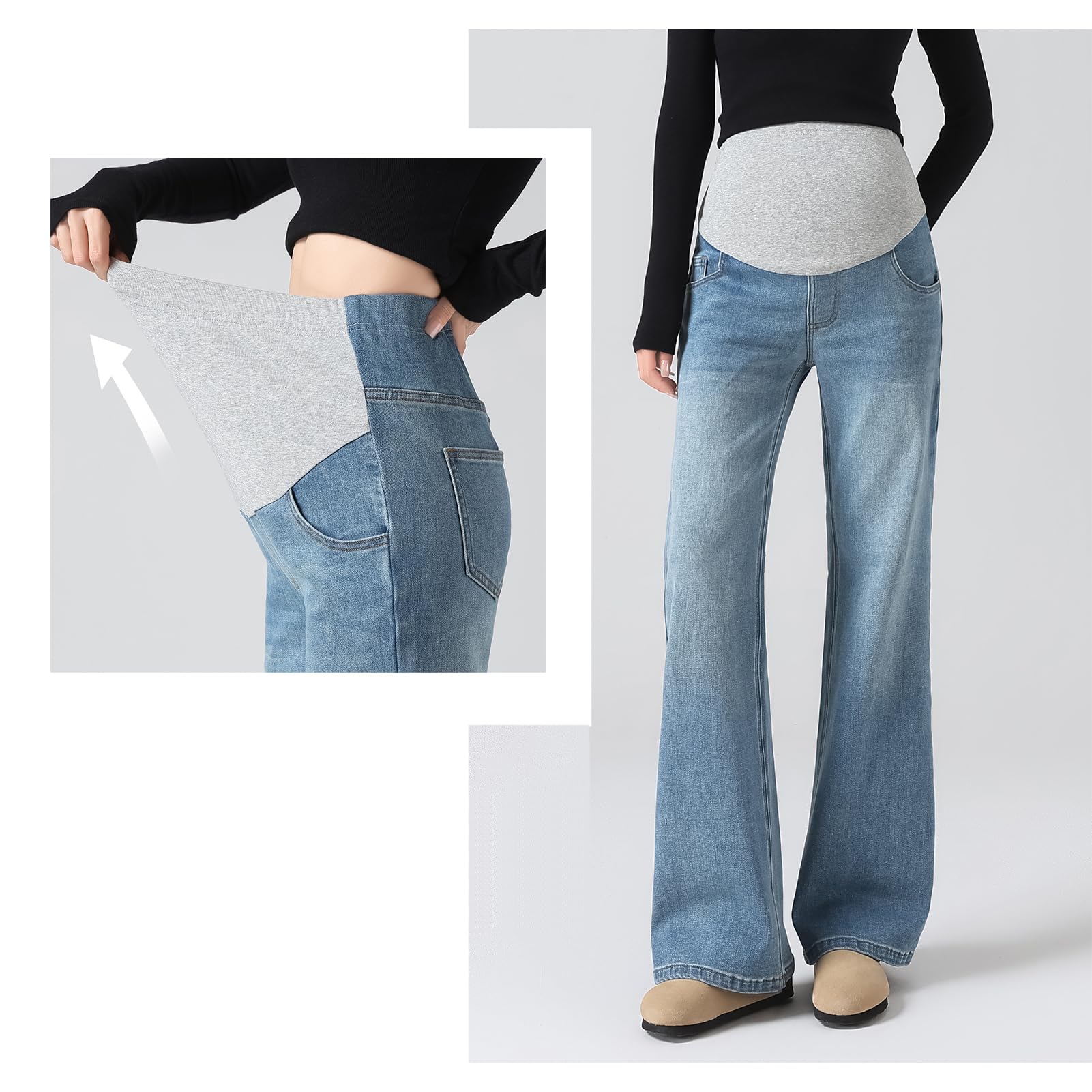 Jeans Grossesse Évasés avec Taille Réglable - Vie Confort Grande Taille pour Femmes de moins de 170 cm, Poches Utility
