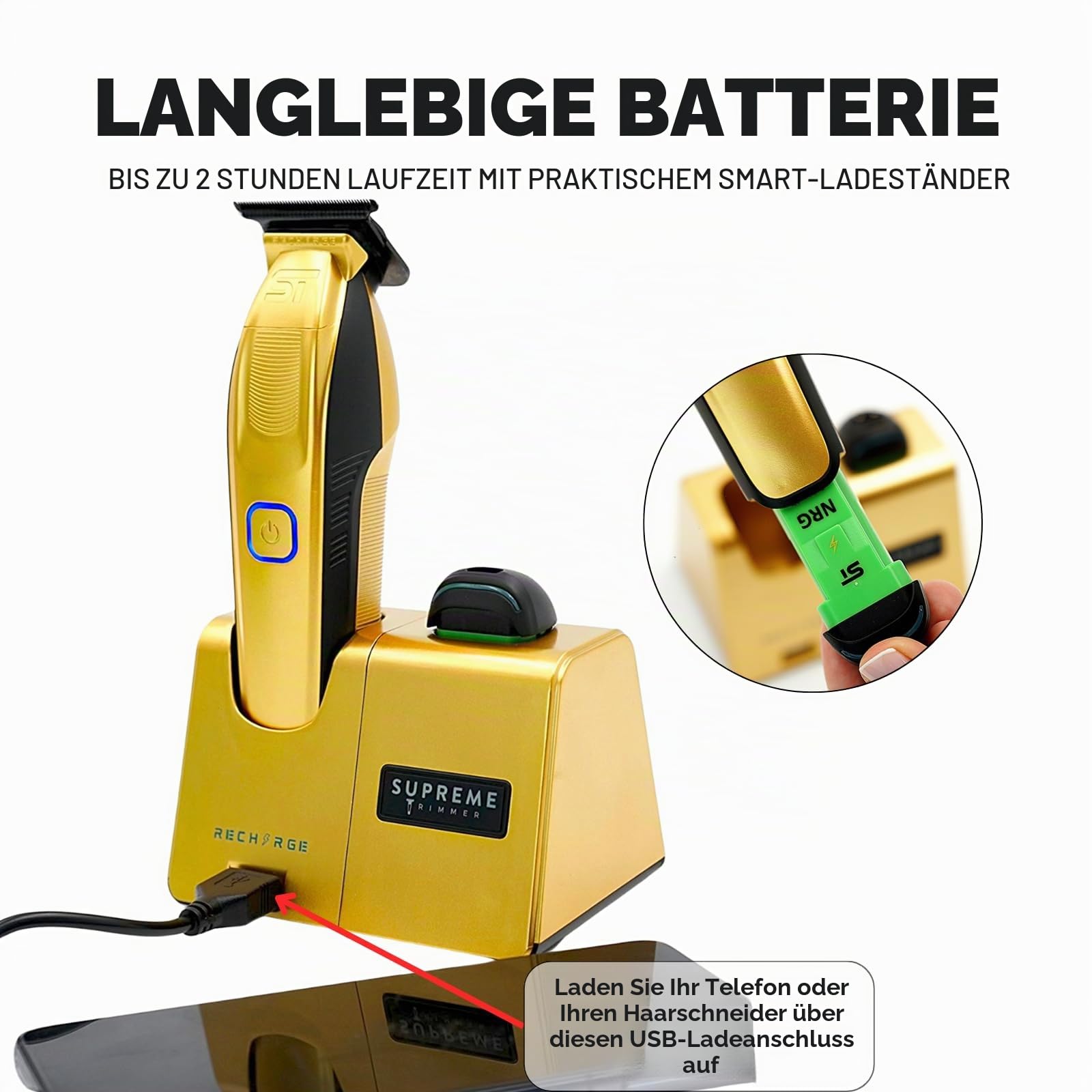 Supreme Trimmer Recharge ST777 – Professional Barber Trimmer with 2 Removable Batteries | 8000 RPM Motor, Smart Charging Dock, USB-C Fast Charge (Gold)