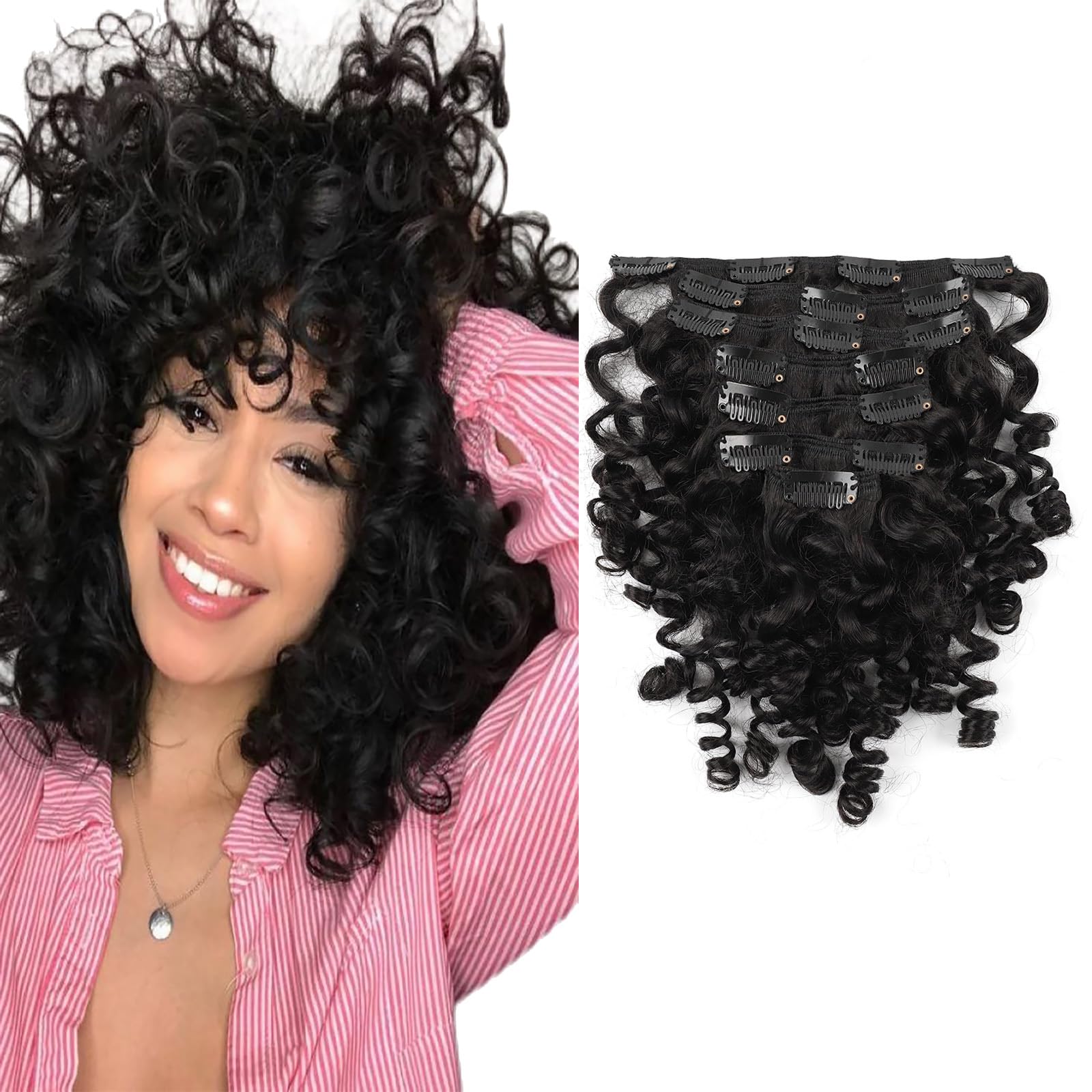 Sassina Natural Loose Curly Clip in Hair Extensions Remy Human Hair Double Weft Curly Clip in Human Hair Extensions Natural Black Brazilian Virgin