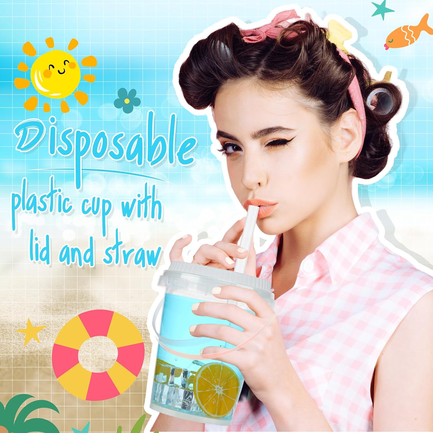 Funnymoom 50 Set 34 oz Clear Drink Buckets with Lids and Straws, Disposable Plastic Rum Cocktail Pails with Handles Large Smoothie Cups for Adult Bachelorette Party Supplies Beach & Catering Events