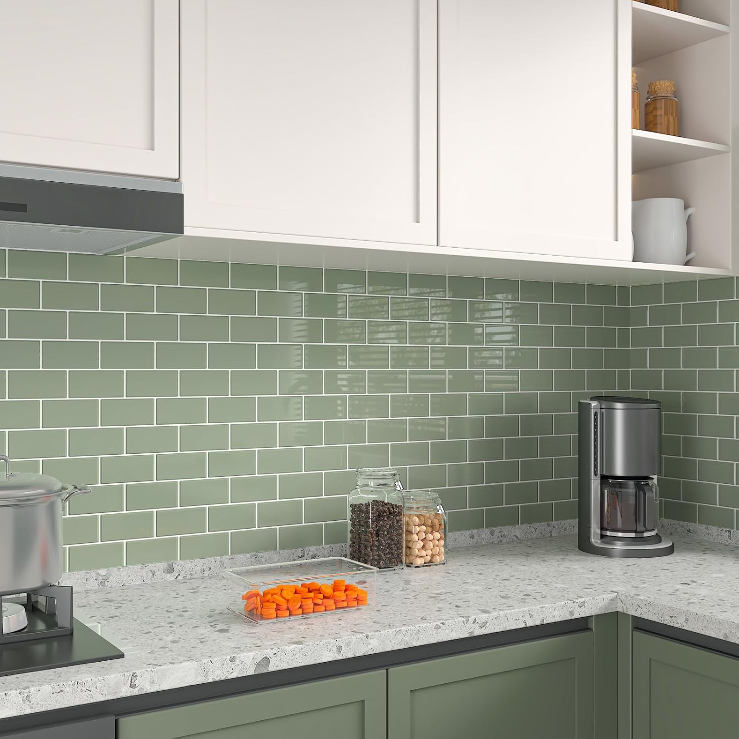 CHIHUT 12''x12'' Green Backsplash Tile Peel and Stick 6 Sheets Self Adhesive Waterproof Backsplash for Kitchen Bathroom Wall Removable Rectangular Stick on Back Splash Thick Vinyl Green Subway Tiles