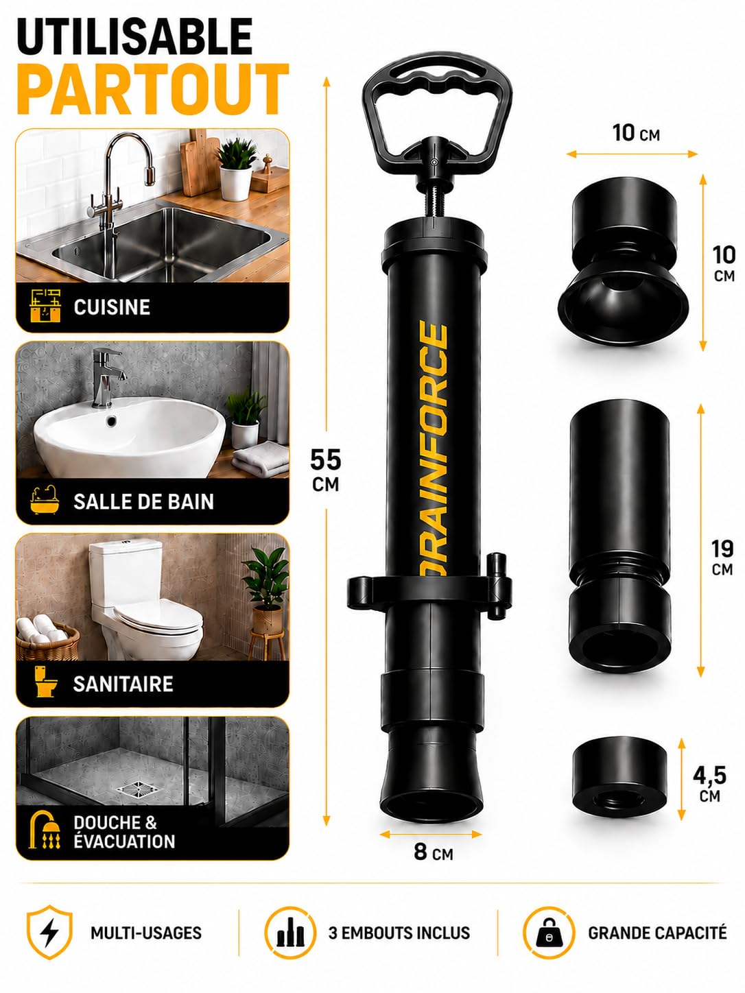 Déboucheur à Pompe Haute Pression – Pompe à Déboucher WC, Évier, Douche – Déboucheur Canalisation Puissant Sans Produits Chimiques – 3 Buses + Gants + Sac de Rangement