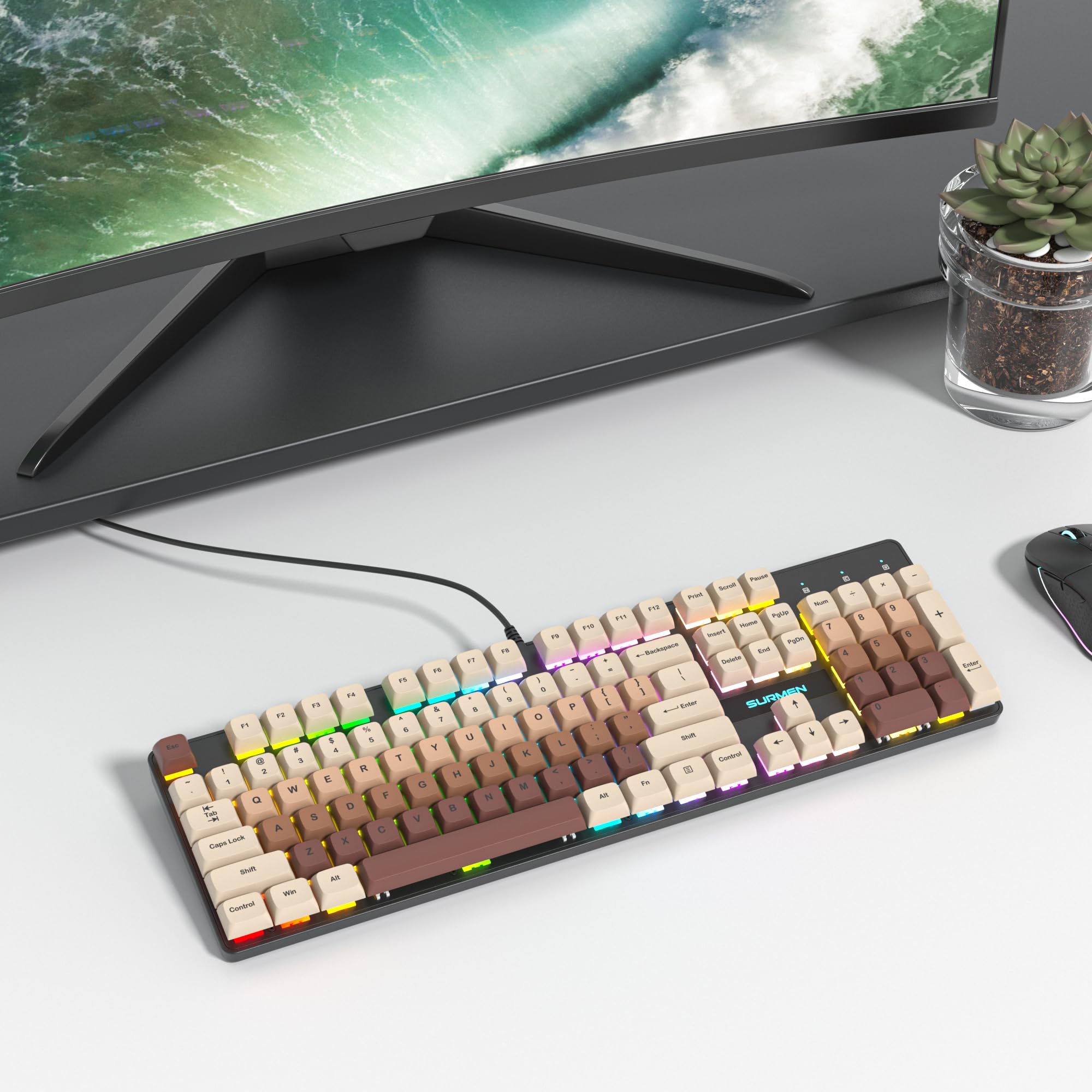 SOLIDEE tastiera gaming meccanica 100%,US Layout QWERTY,Tastiera da Gioco Cablata 104 Tasti Retroilluminata RGB con Tastierino Numerico,Tastiera Meccanica NKRO per laptop Windows(104 Coffee)