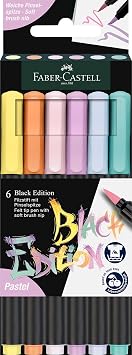 Faber-Castell Brush Pens, Black Edition, Pastel Colors, Cardboard Box, Pack of 6