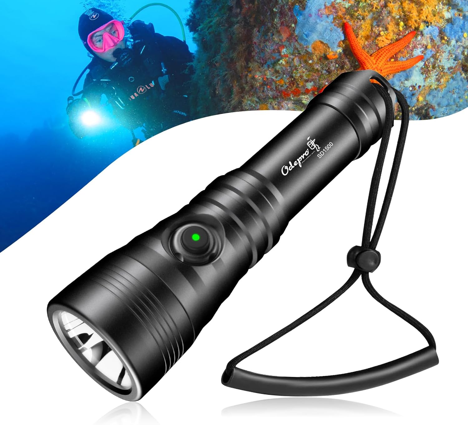 SD1500 Dive Gentle 1500 Lumens Rechargeable Scuba Diving Flashlight 3 Modes Waterproof Submersible Torch Underwater Diving Security Lights with Energy Indicator for Night time Diving
