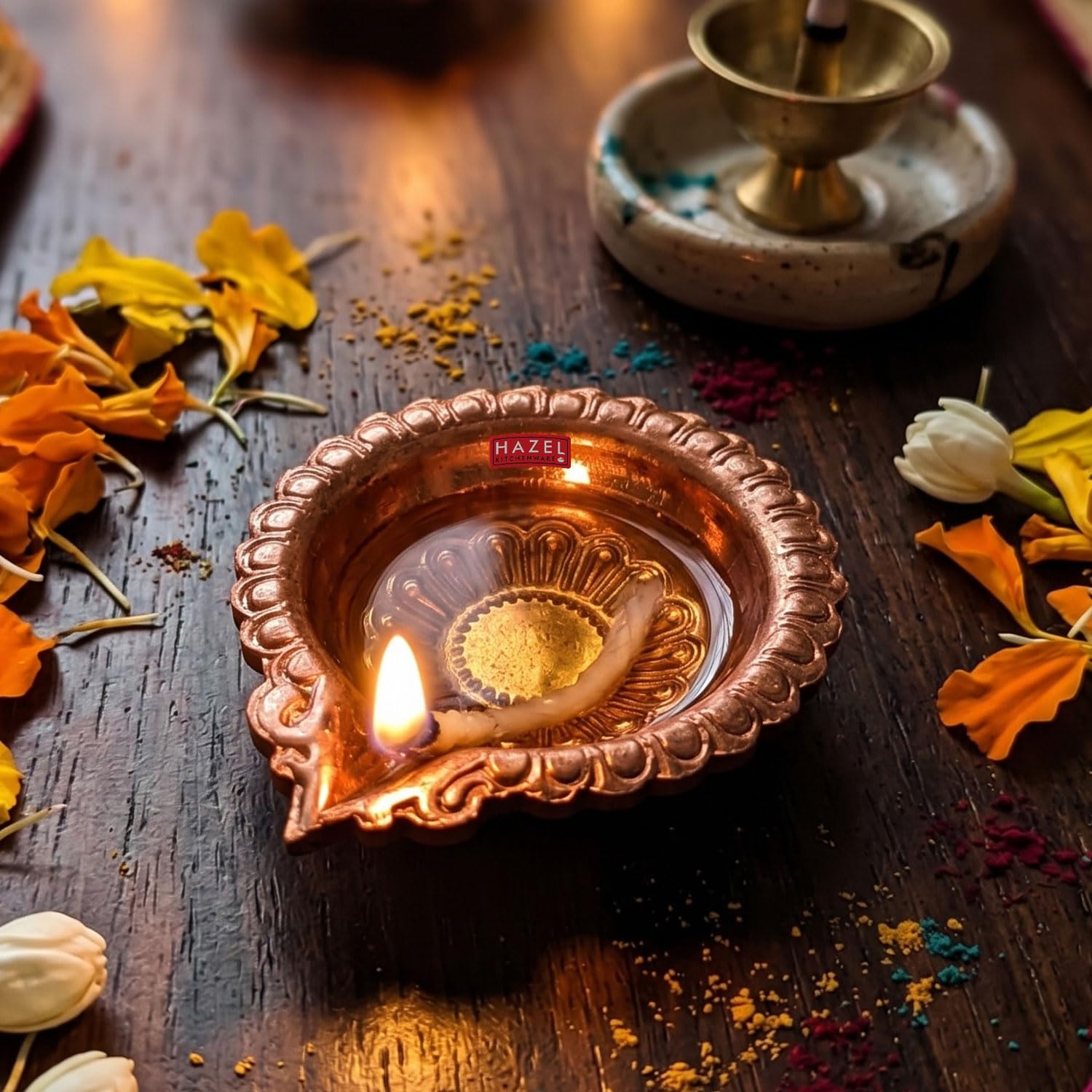HAZEL Copper Diya Deepak with Wick Holder | Flower Embossed Oil Lamp | Rose Gold Traditional Pooja Diwa for Home Mandir Festival-image-23