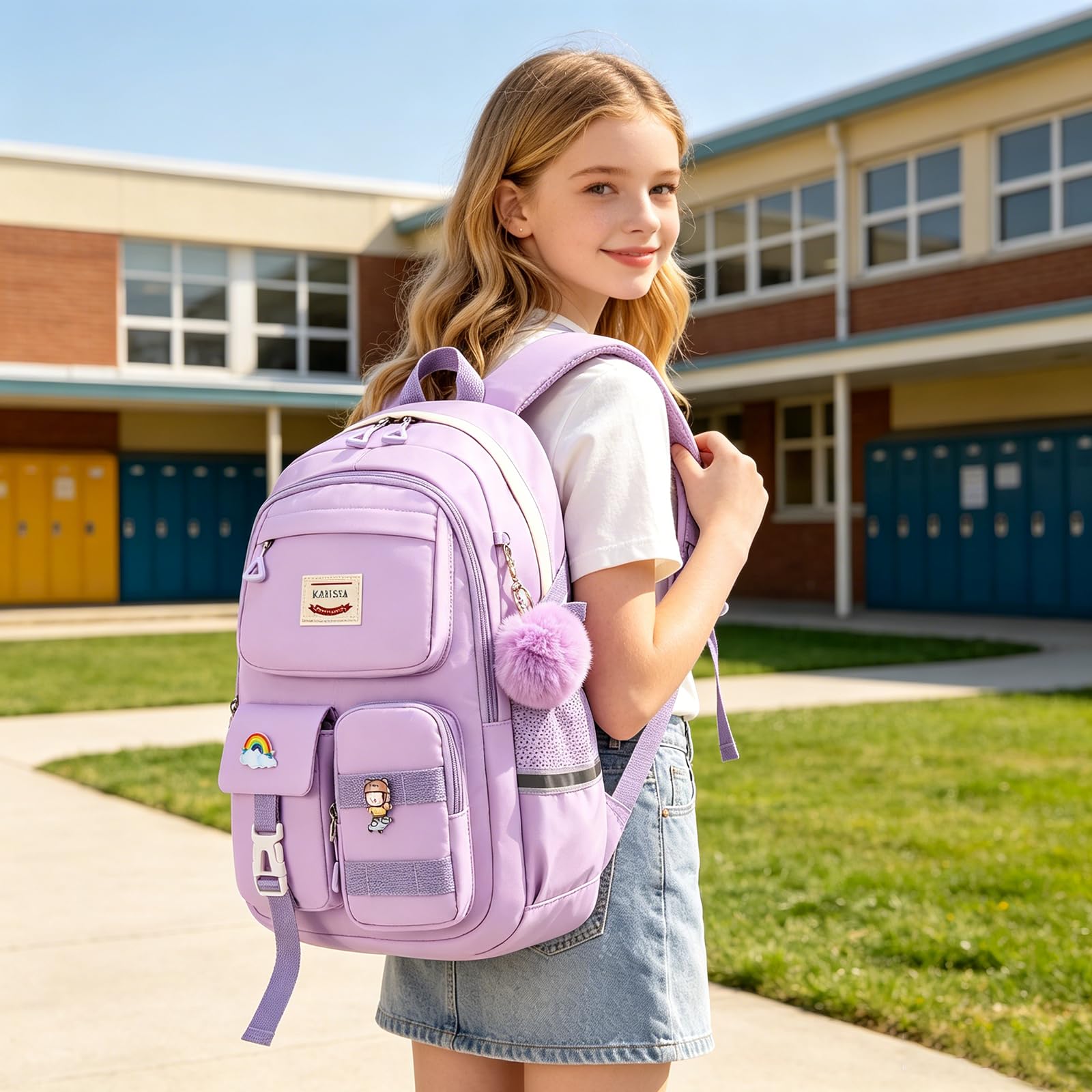 Sisipoet Sac à Dos Fille, Cartable Primaire Fille 10-18 Ans, Sac d'école Respirant Imperméable Nylon, Cartable Enfant avec Accessoires, Léger Confortable pour École et Voyage