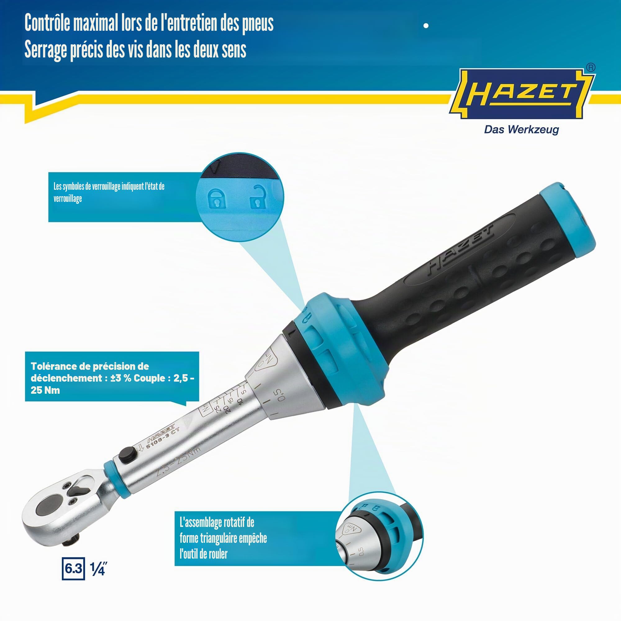 Clé dynamométrique HAZET 5108-3CT 6,3 mm (1/4 pouce) 3% 20 dents