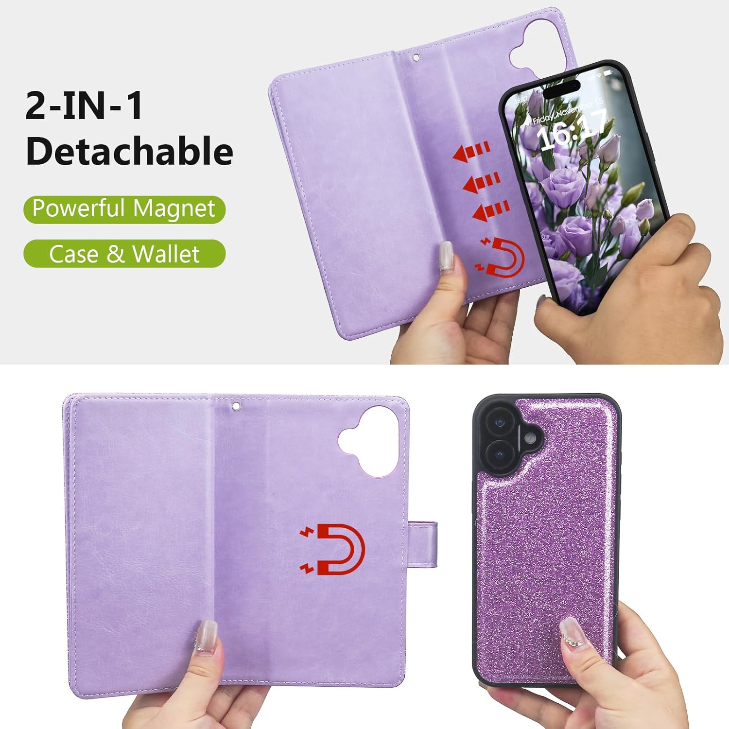 Varikke for iPhone 16 Wallet Case Detachable with RFID Blocking Card Holder for Women, Glitter PU Leather Wrist Strap Strong Magnetic Flip Wallet Removable Phone Case for iPhone 16 6.1", Light Purple - Image 4